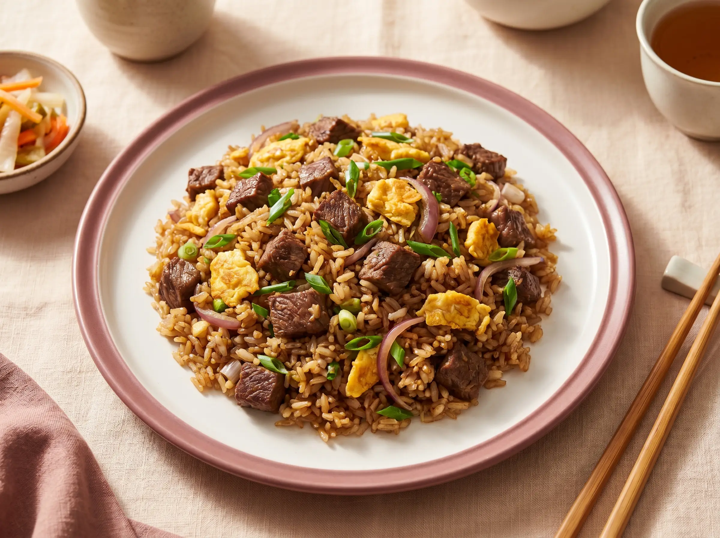 Vietnamese beef fried rice with diced beef and egg.