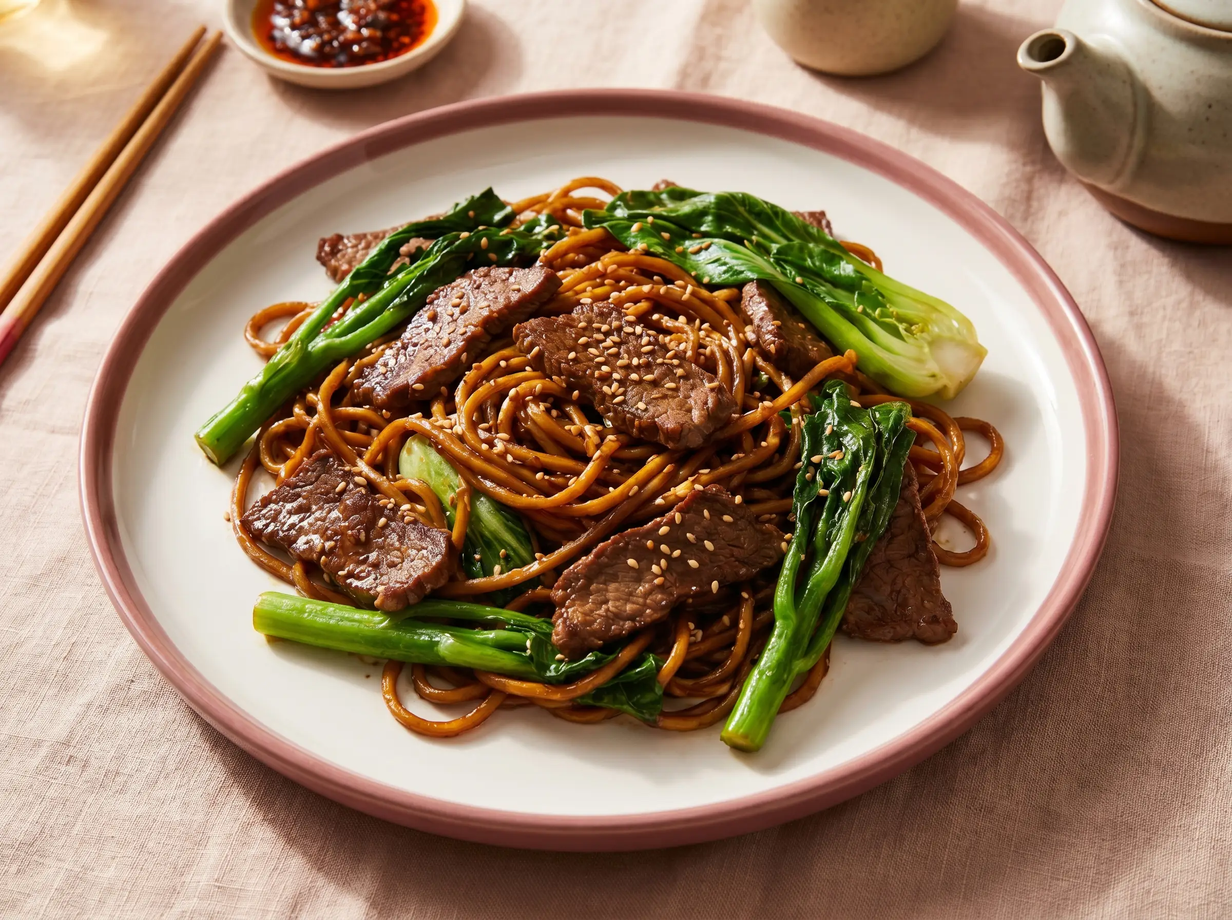 Stir-fried egg noodles with sliced beef and Chinese broccoli.