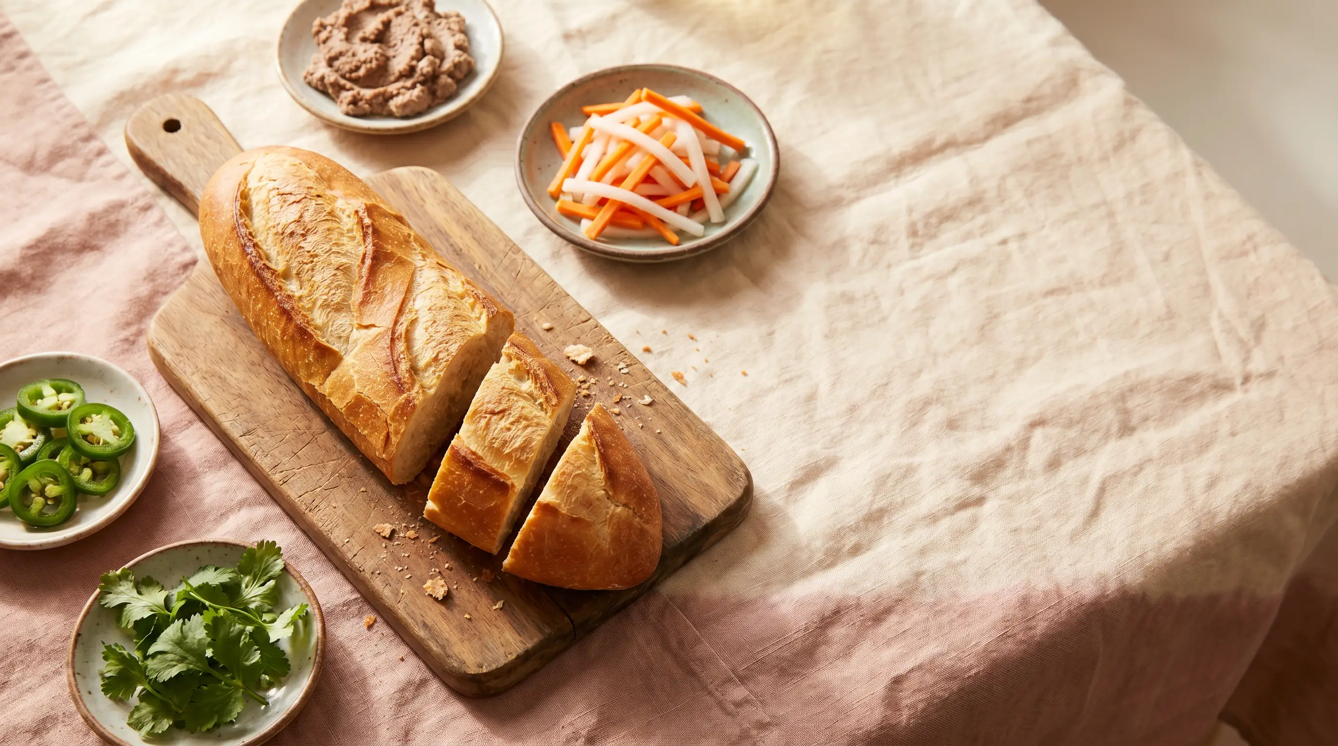 Vintage Saigon-style still life with a Vietnamese baguette being cut, jars of pâté and pickled vegetables, and an old sepia photograph of a 1950s street vendor scene.
