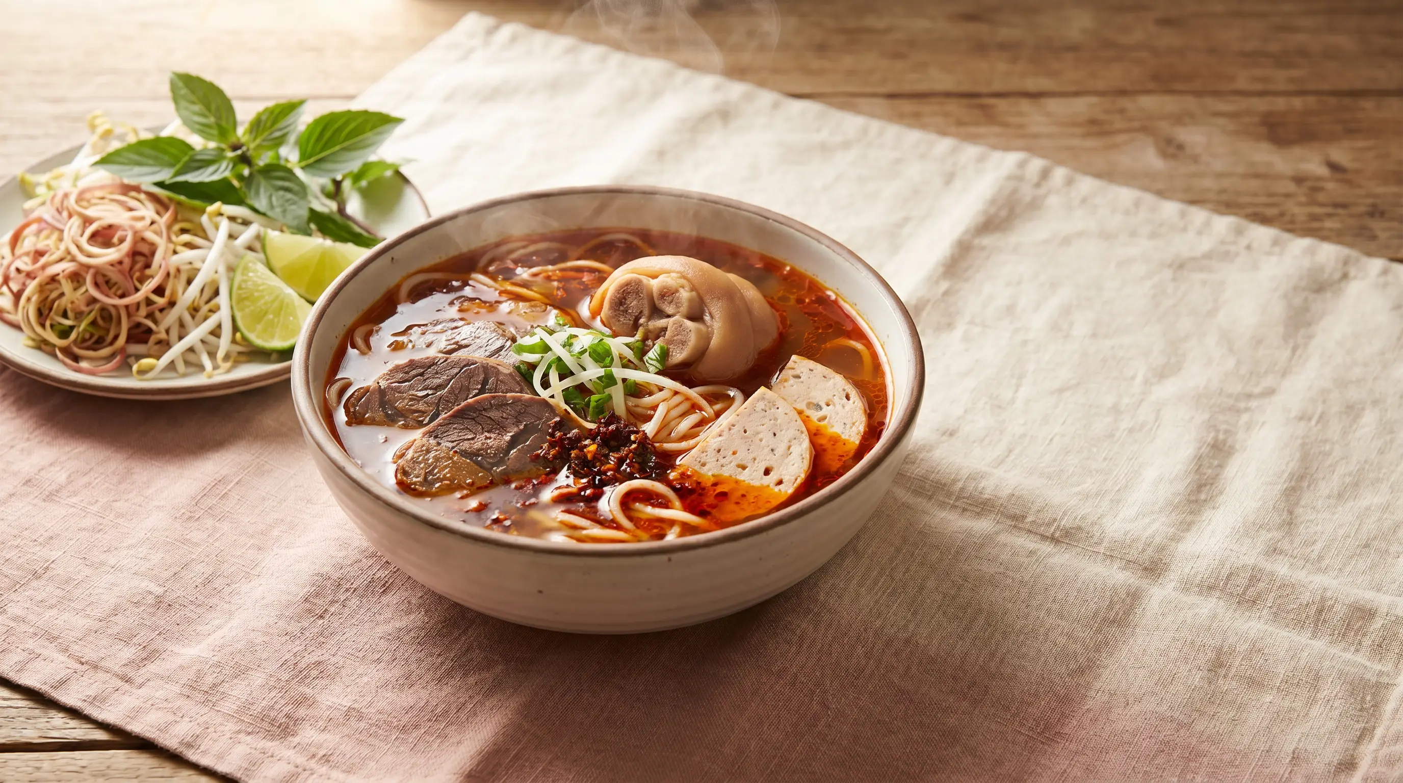 Wide bowl of bún bò Huế with deep red-orange spicy broth, chili oil floating, beef shank, pork sausage, and round rice noodles, with herbs and lime on the side, on warm cream linen.