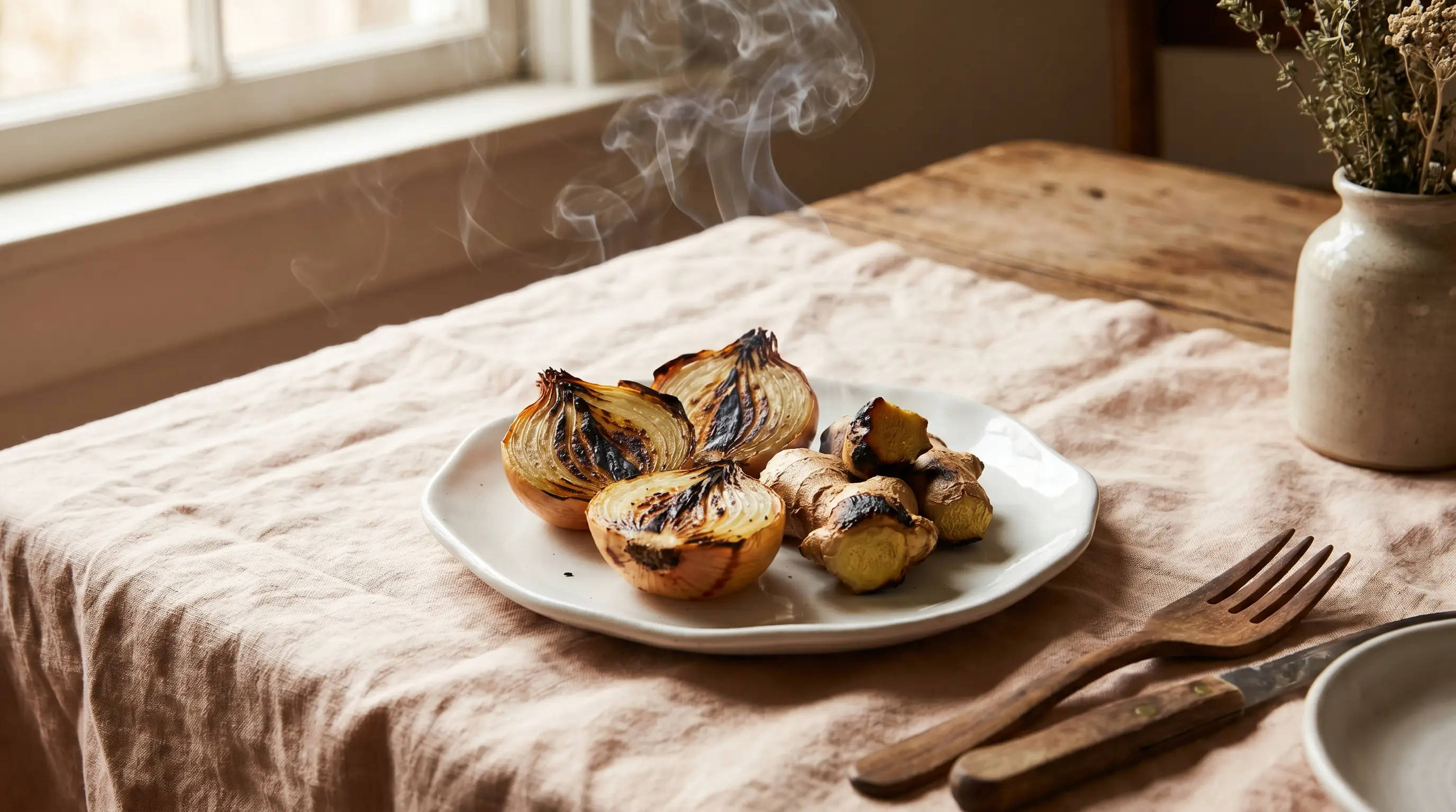 Halved yellow onions and chunks of ginger with blackened, blistered skins from open-flame charring on a small ceramic plate, with star anise nearby, on warm cream linen.