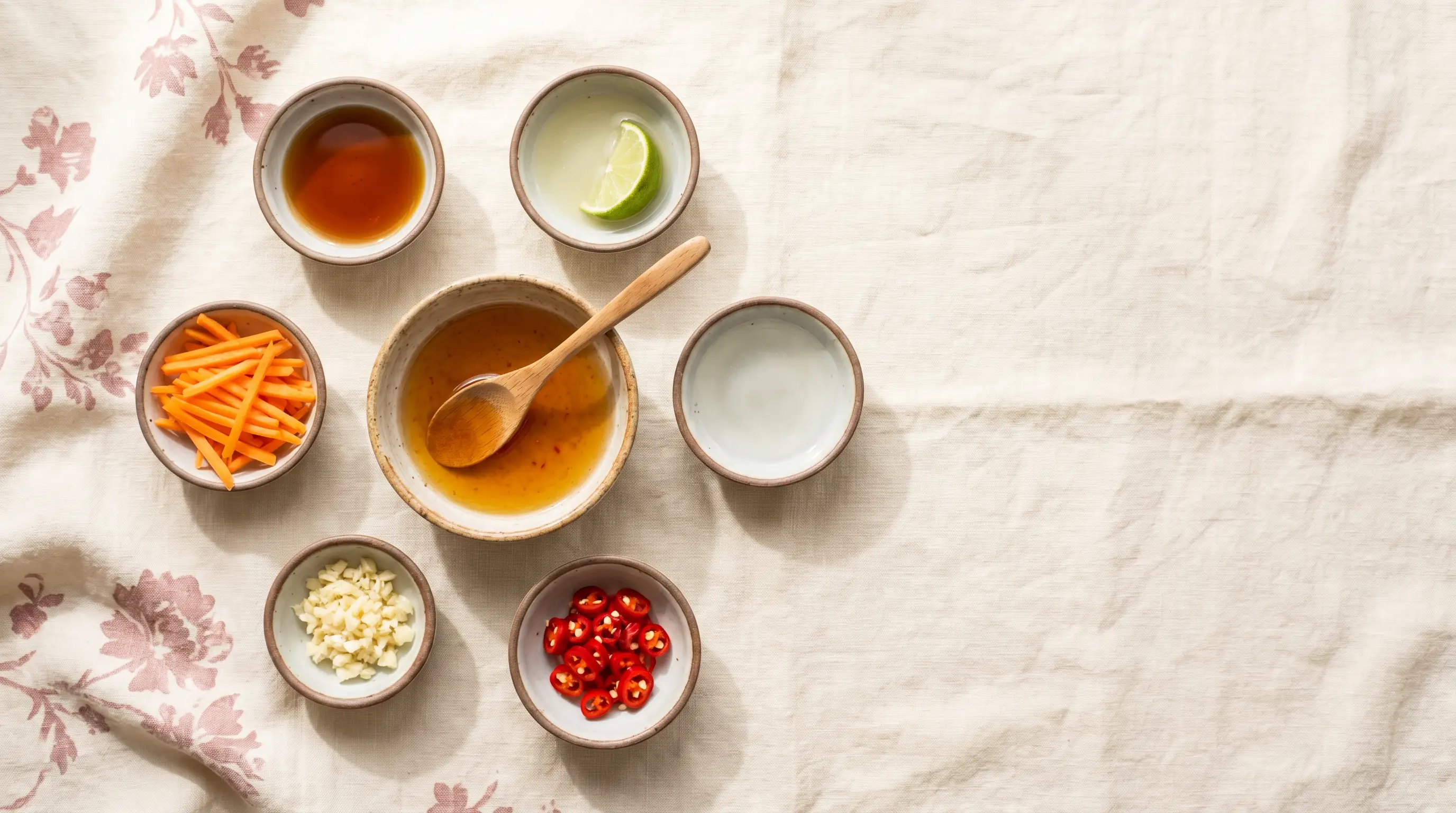 Overhead flatlay of nước chấm being mixed: small bowls of fish sauce, lime juice, sugar water, garlic, and chili arranged around a central mixing bowl of golden-amber sauce on warm cream linen.