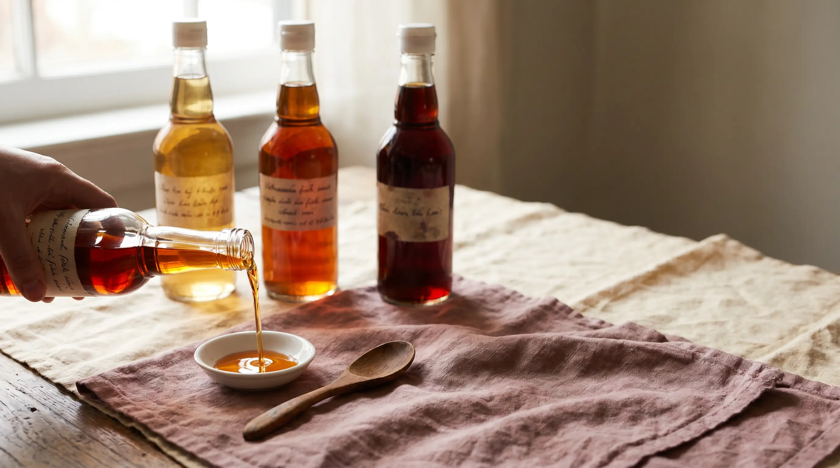 Three artisanal Vietnamese fish sauce bottles in graduated amber shades on warm cream linen, with a small ceramic dish in front being filled.