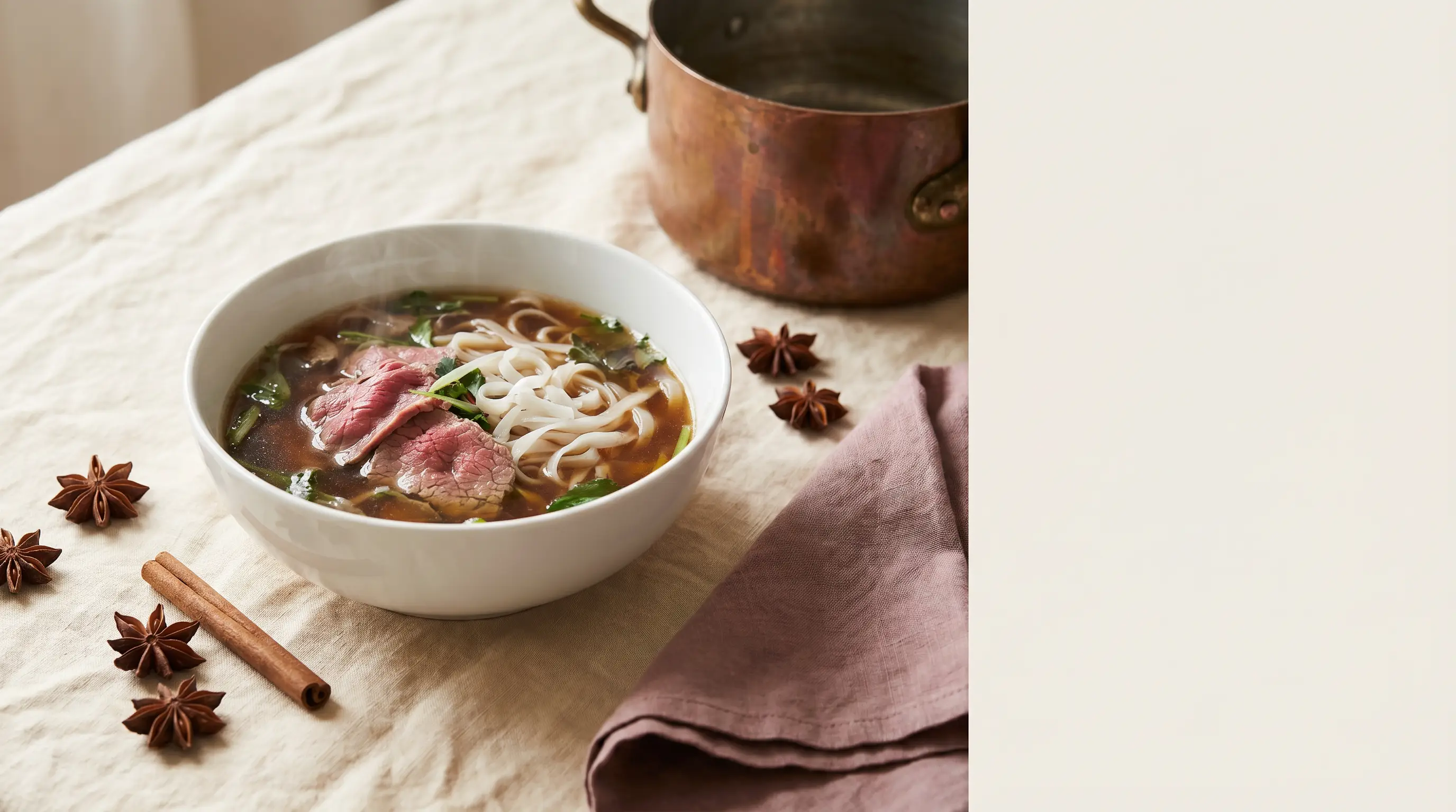 Editorial composition: a steaming bowl of Vietnamese pho on warm cream linen with a vintage French copper stockpot and star anise nearby, suggesting pho's contested origins.