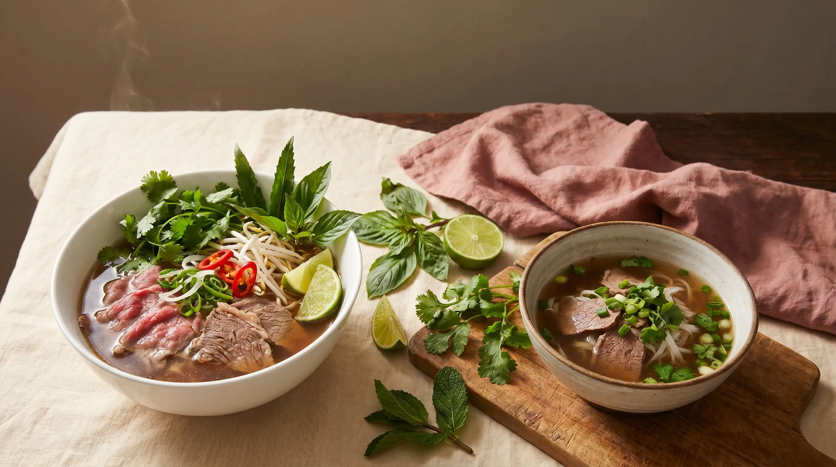 Two bowls of pho compared side by side on a warm cream linen tablecloth — restaurant-style ceramic bowl on the left, smaller home-style bowl on a wooden board on the right.