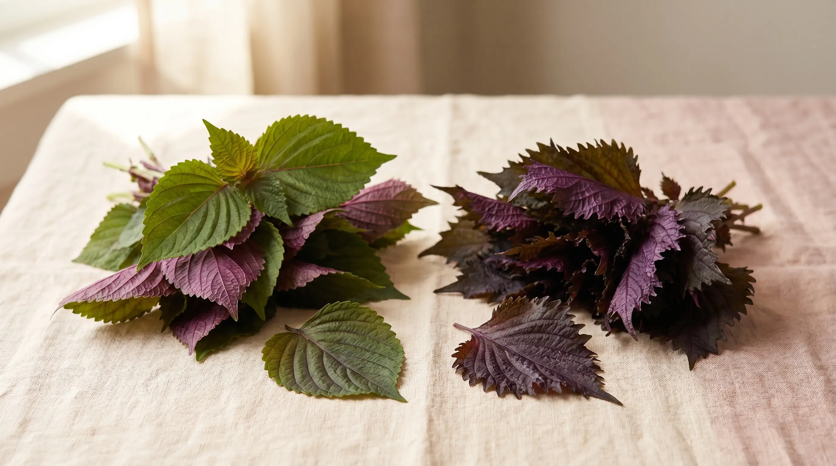 Two bunches of perilla leaves side by side on warm cream linen: Vietnamese tía tô (red-purple underside, green top) on the left, Japanese shiso (deeper purple, frilled edges) on the right.