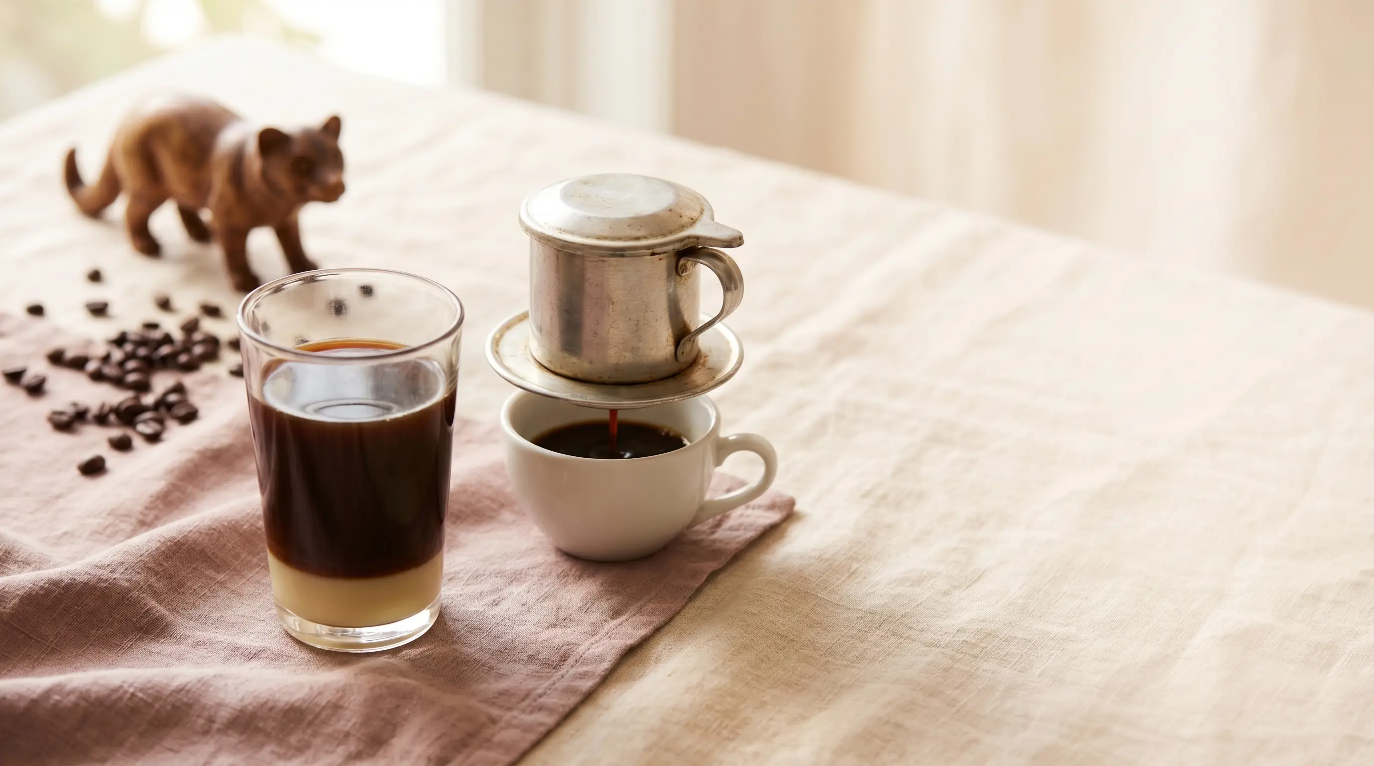 A traditional Vietnamese coffee setup on warm cream linen: glass of coffee with condensed milk, phin filter dripping, scattered coffee beans, an antique civet figurine softly out of focus.