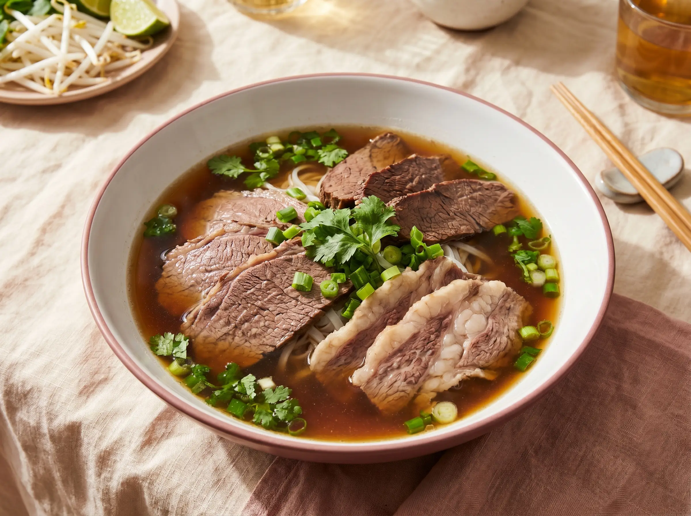 Pho with brisket, flank, and fatty flank slices over rice noodles.