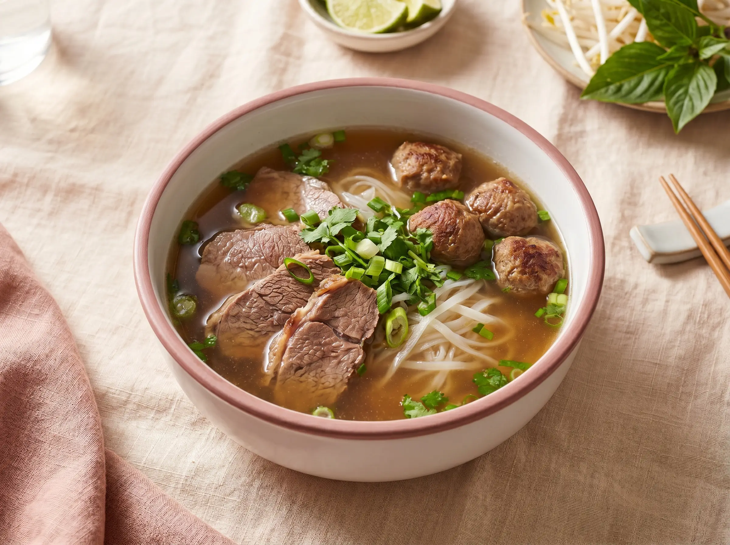 Pho with brisket and beef meatballs in twelve-hour broth.