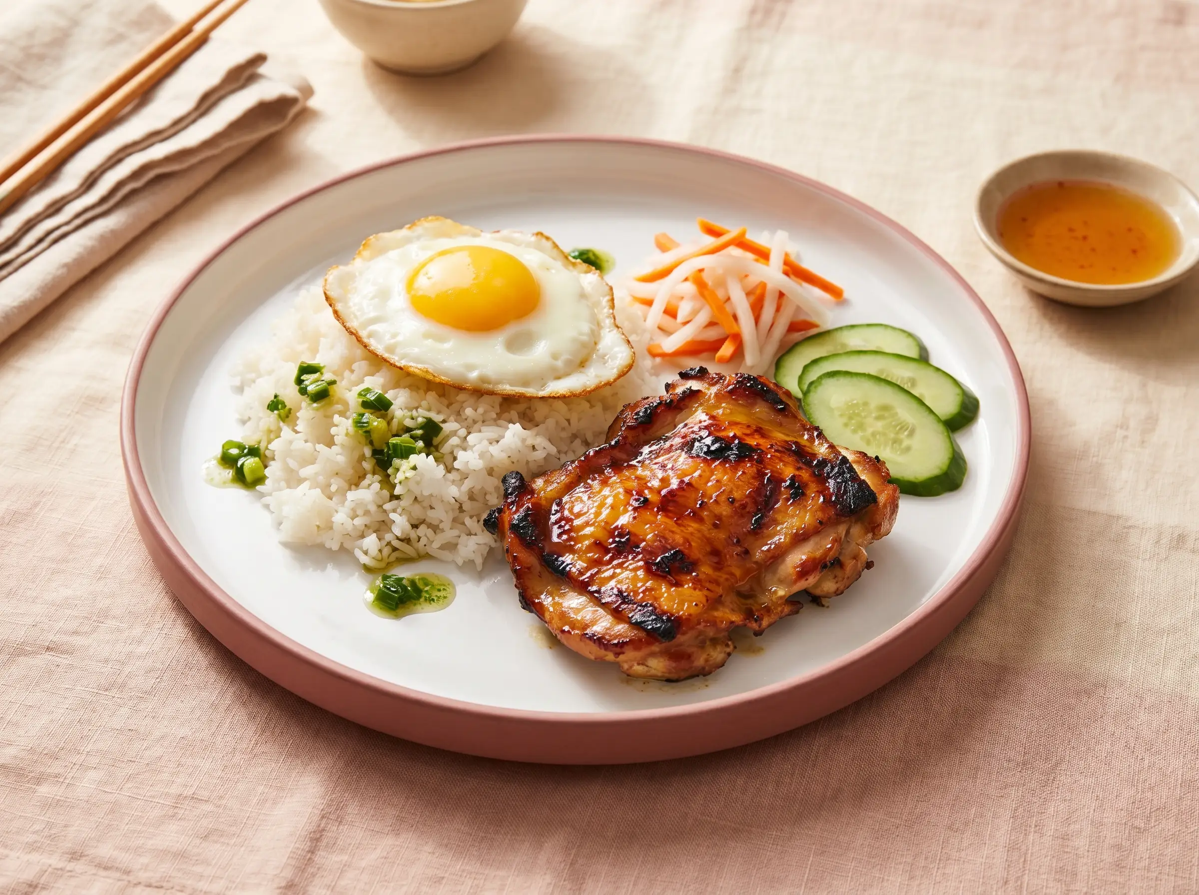 Rice plate with grilled lemongrass chicken thigh and crispy egg rolls.