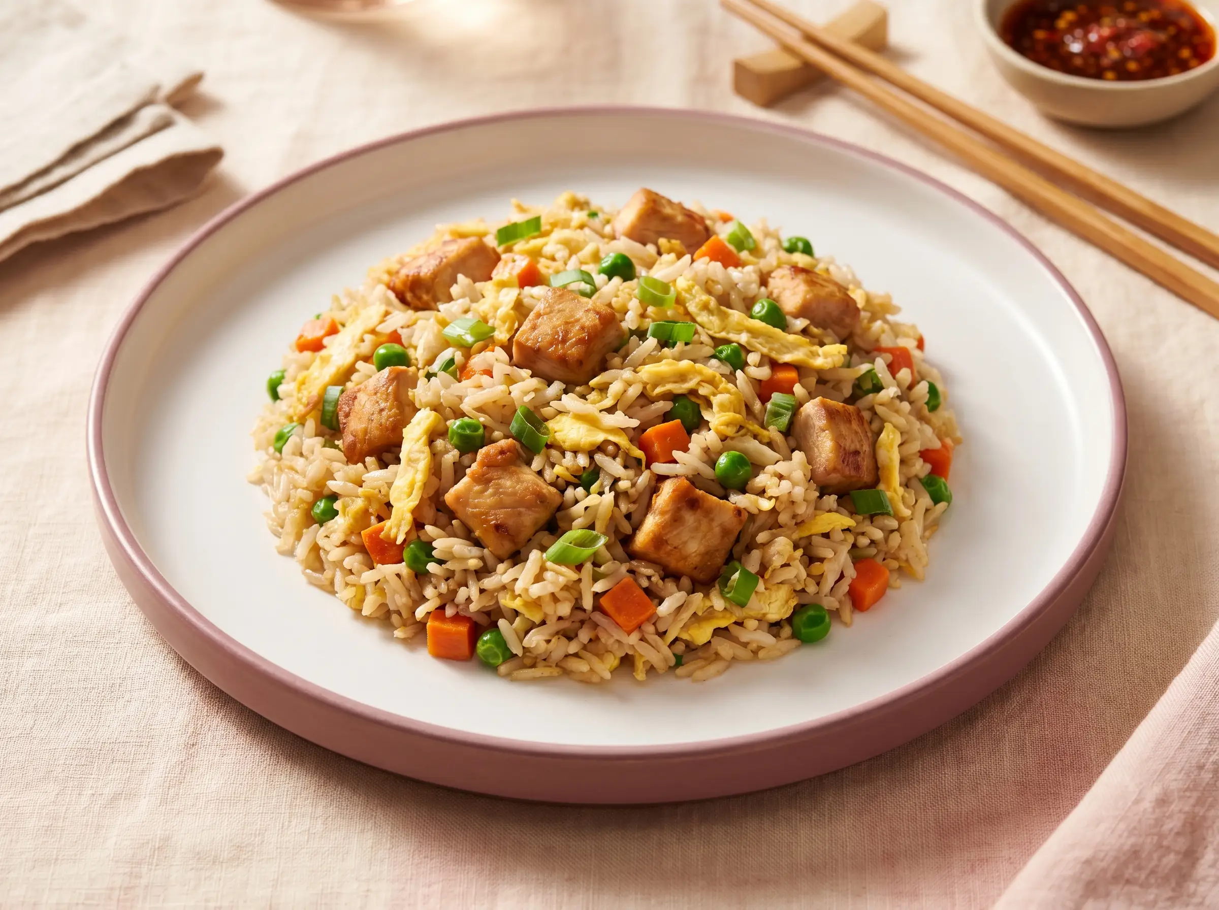 Vietnamese chicken fried rice with diced chicken, egg, and scallions.