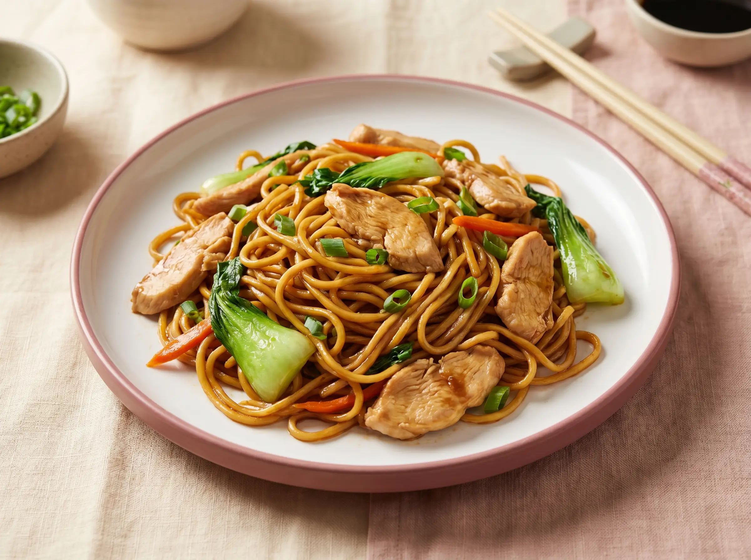 Stir-fried egg noodles with chicken and bok choy.