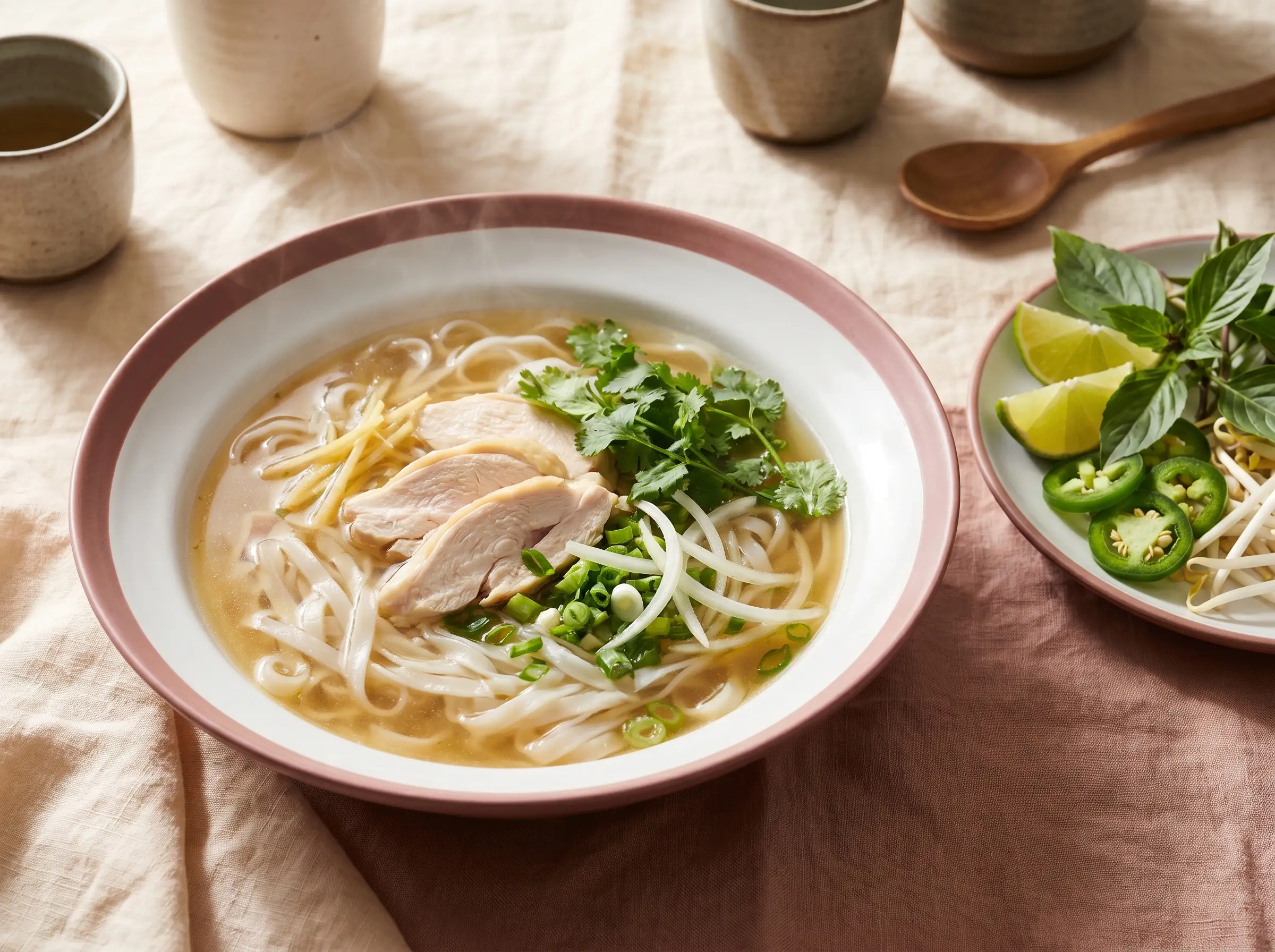Chicken pho with tender poached chicken and rice noodles.