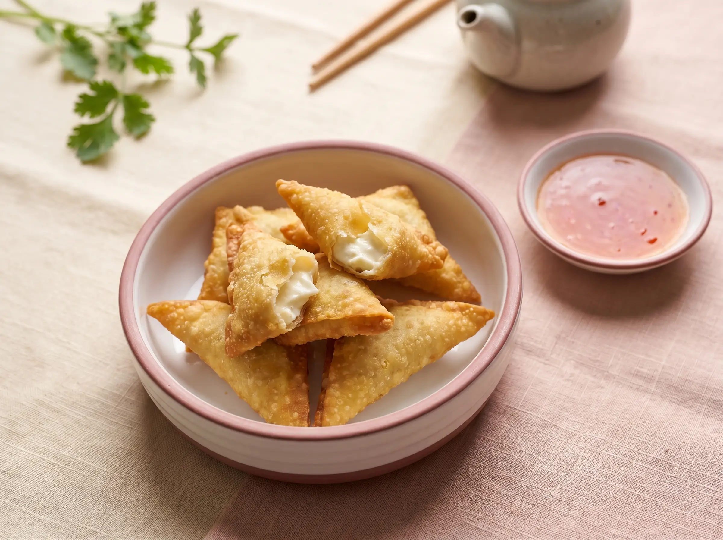Golden-fried cream cheese wontons piled in a small ceramic bowl with sweet chili dipping sauce.