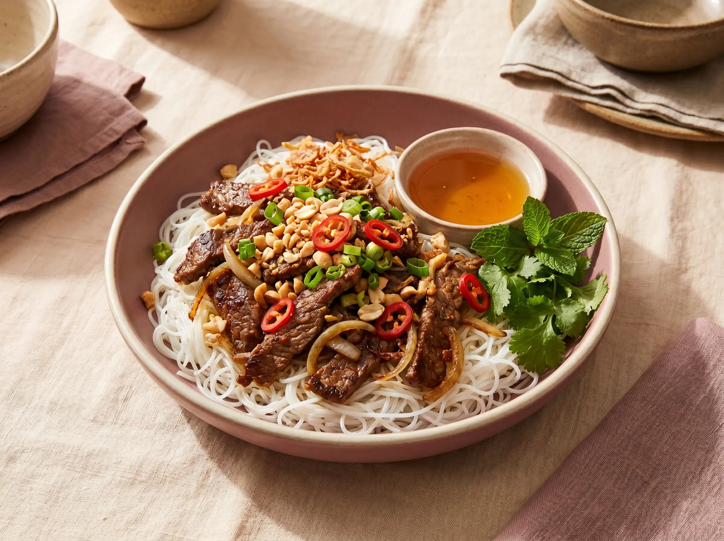 Vermicelli noodles with beef or chicken in coconut curry sauce.