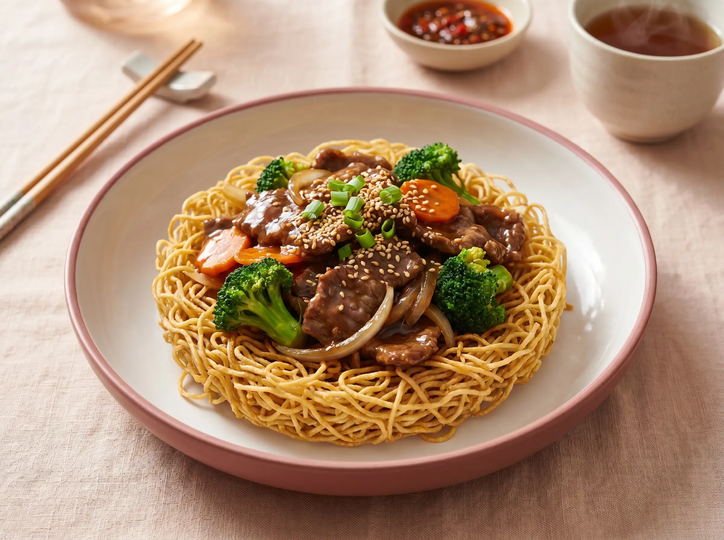 Crispy pan-fried egg noodle nest topped with beef and vegetable stir-fry.