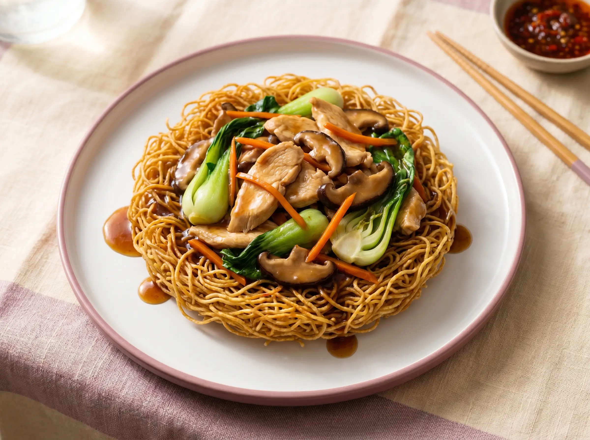 Crispy pan-fried egg noodle nest topped with chicken and vegetables.