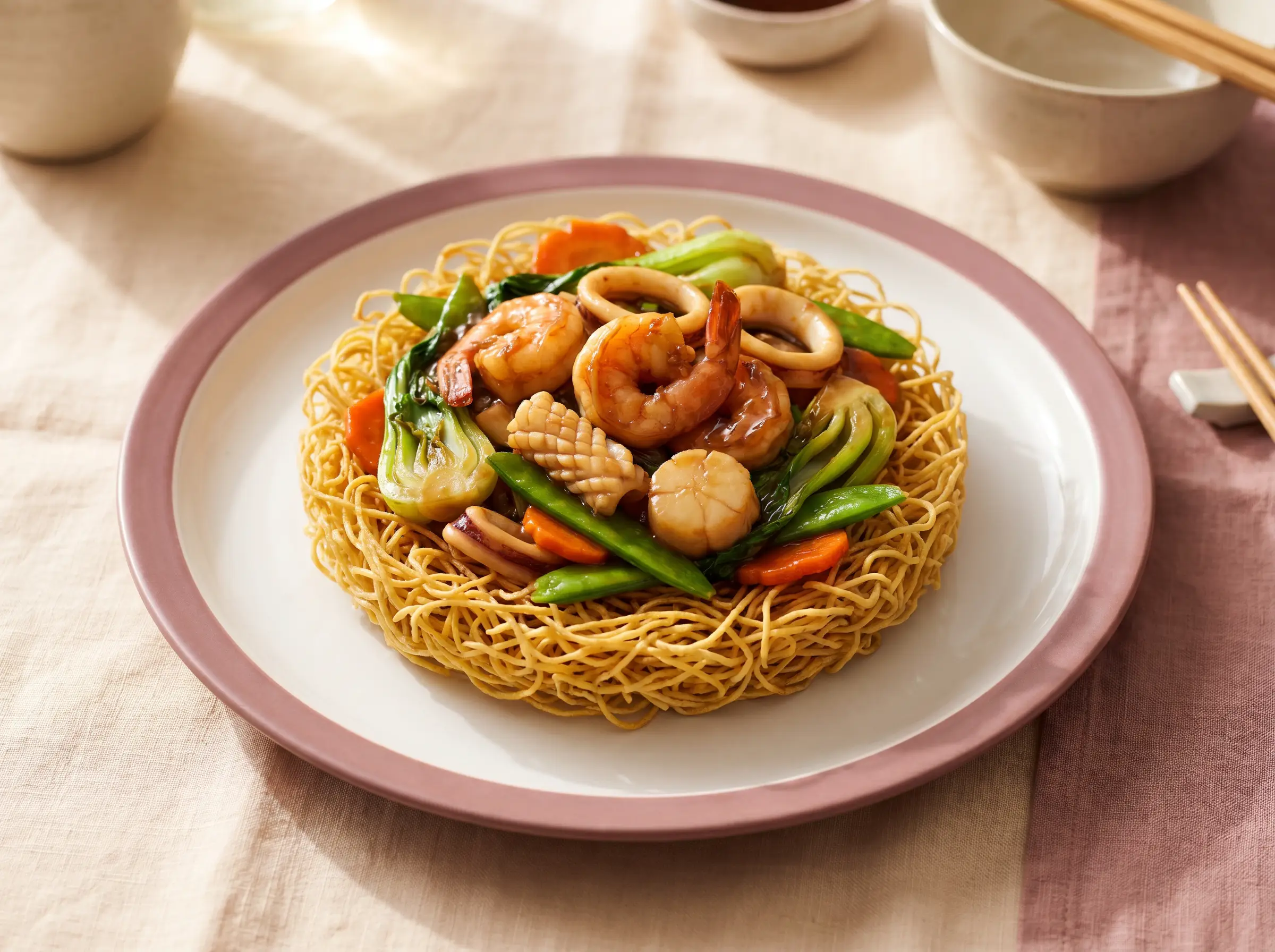 Crispy pan-fried egg noodle topped with mixed seafood stir-fry.