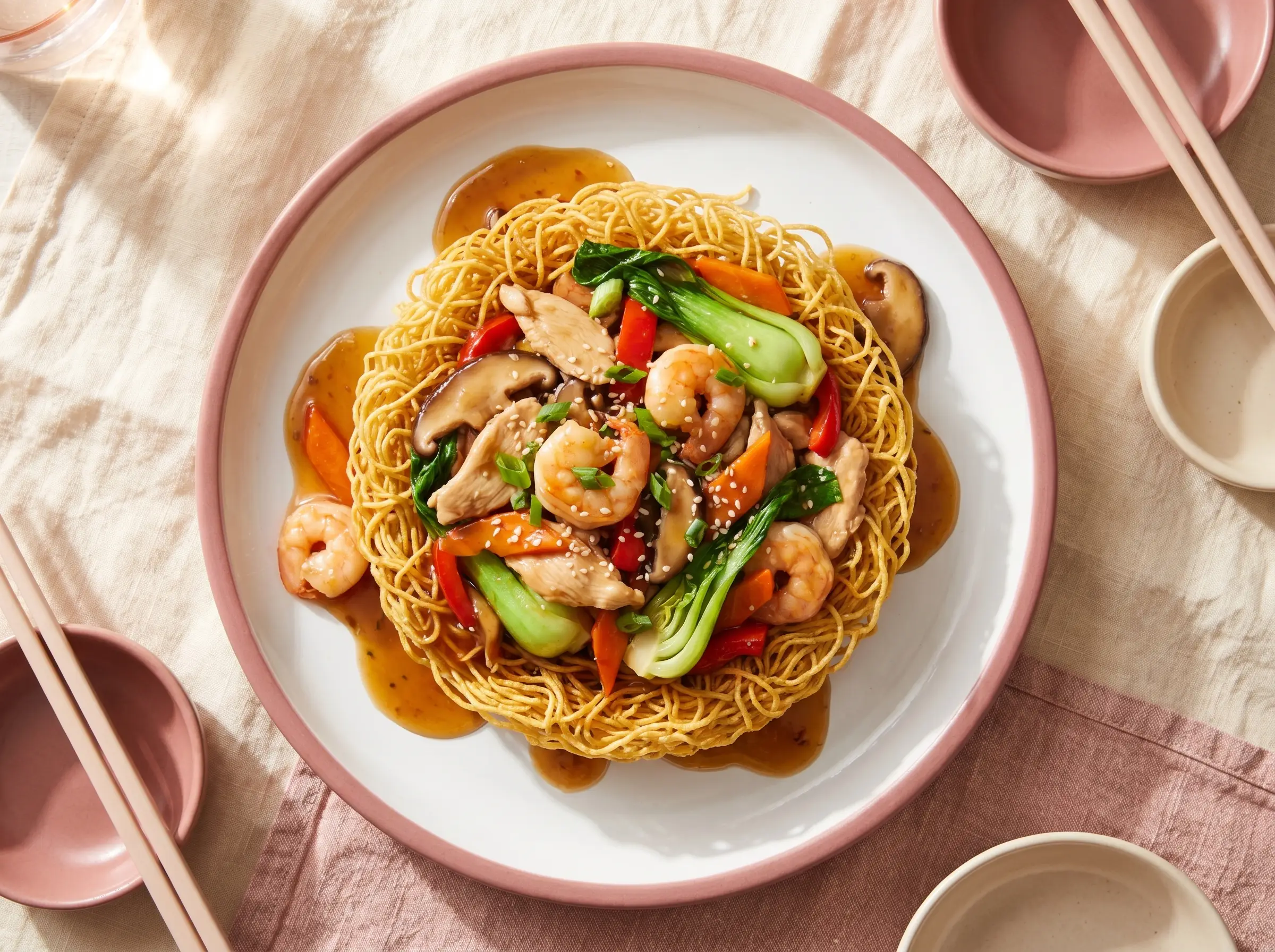 Crispy pan-fried egg noodle nest topped with shrimp and vegetables.