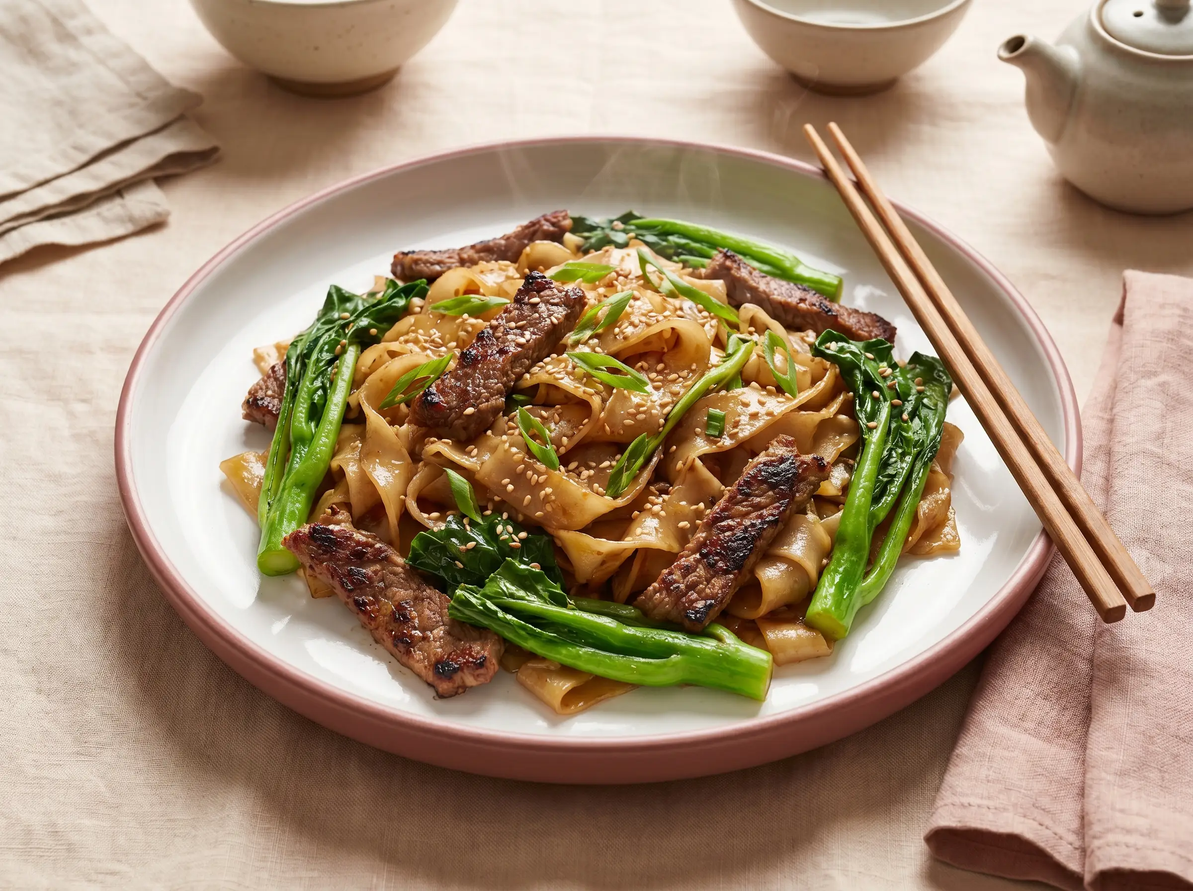 Stir-fried wide flat rice noodles with beef and Chinese broccoli.