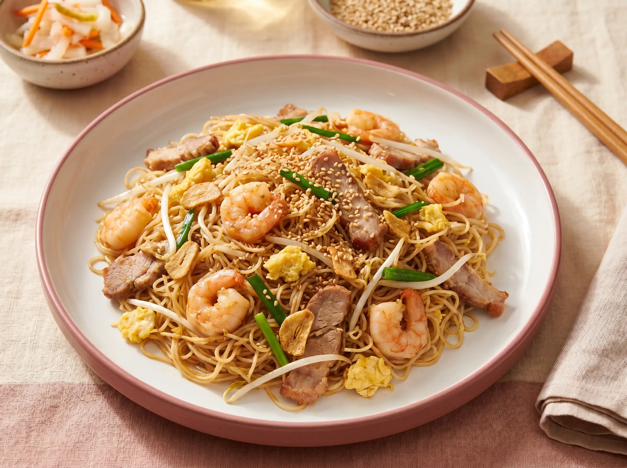 Stir-fried flat rice noodles with shrimp and seafood.