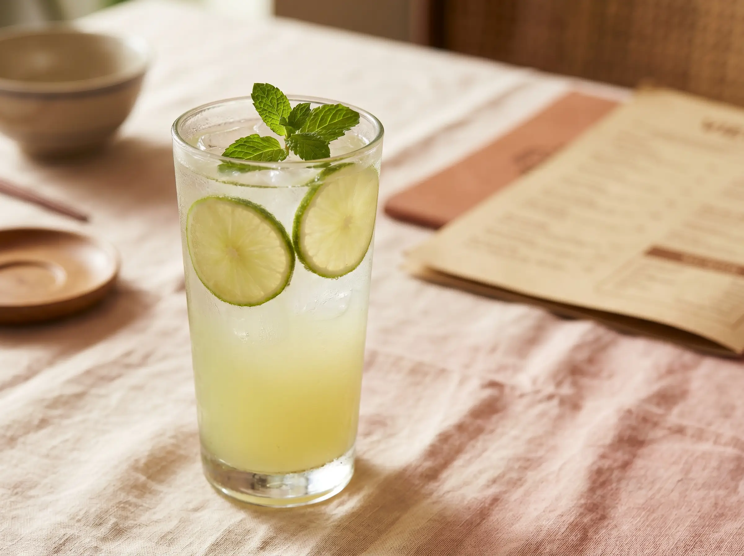 Fresh limeade in a tall glass with ice and a lime wedge.