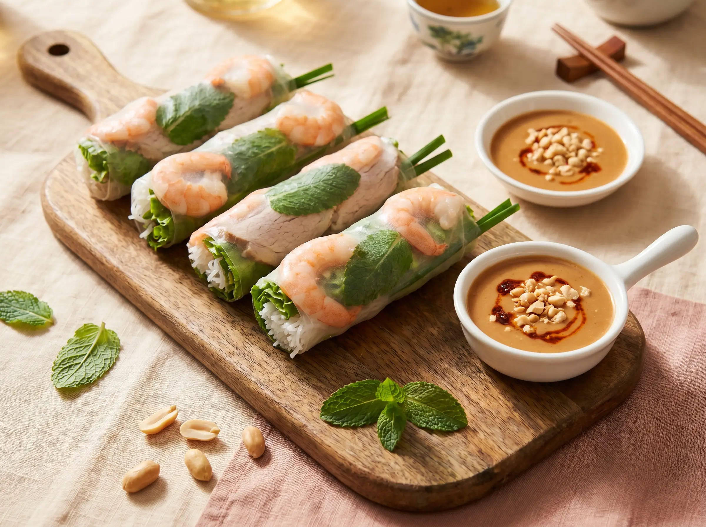 Fresh spring rolls with shrimp, pork, vermicelli, and herbs served with peanut hoisin dipping sauce