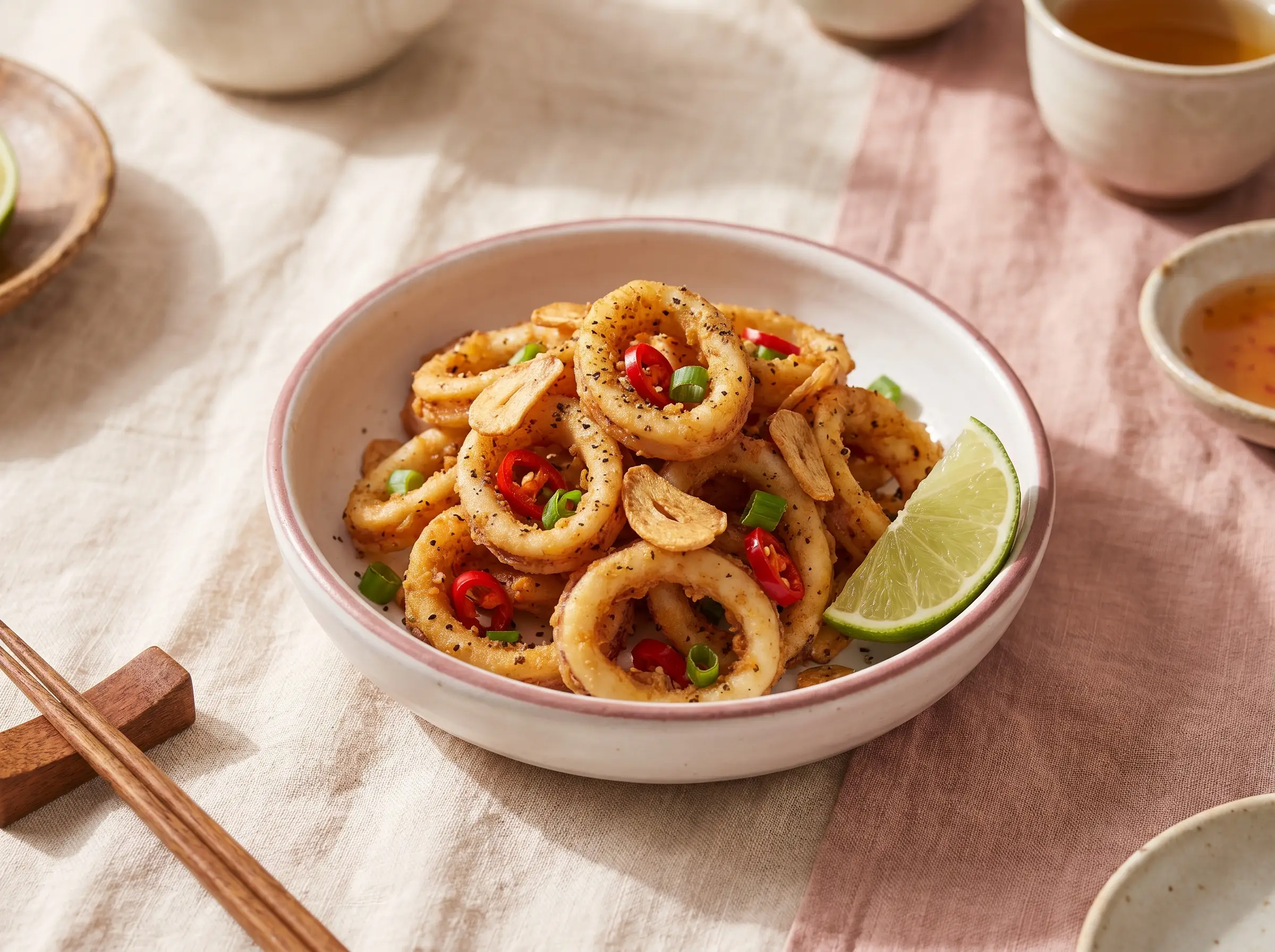 Crispy fried calamari tossed with black pepper and chili, served in a small ceramic bowl.