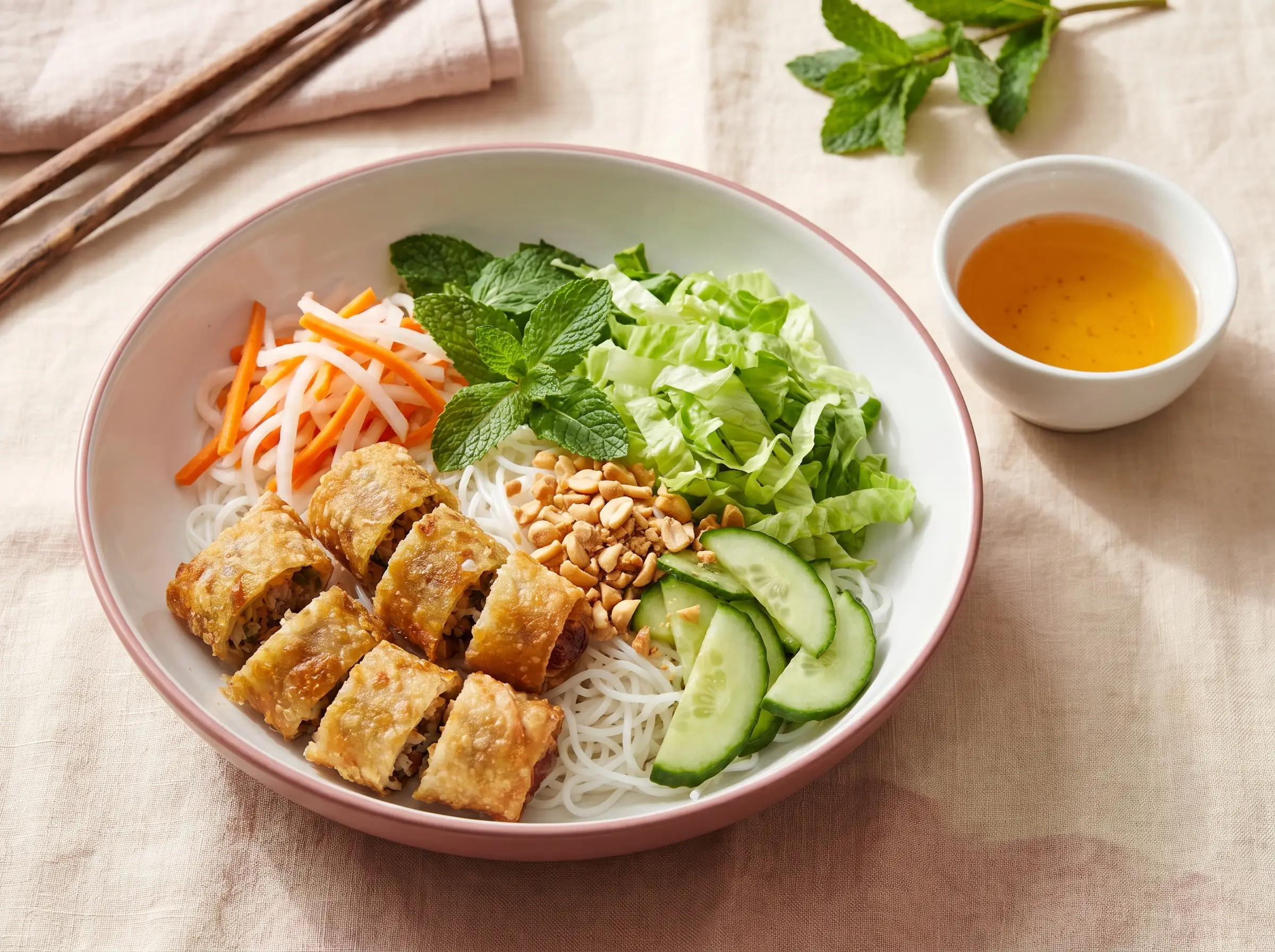 Vermicelli bowl topped with sliced crispy egg rolls.
