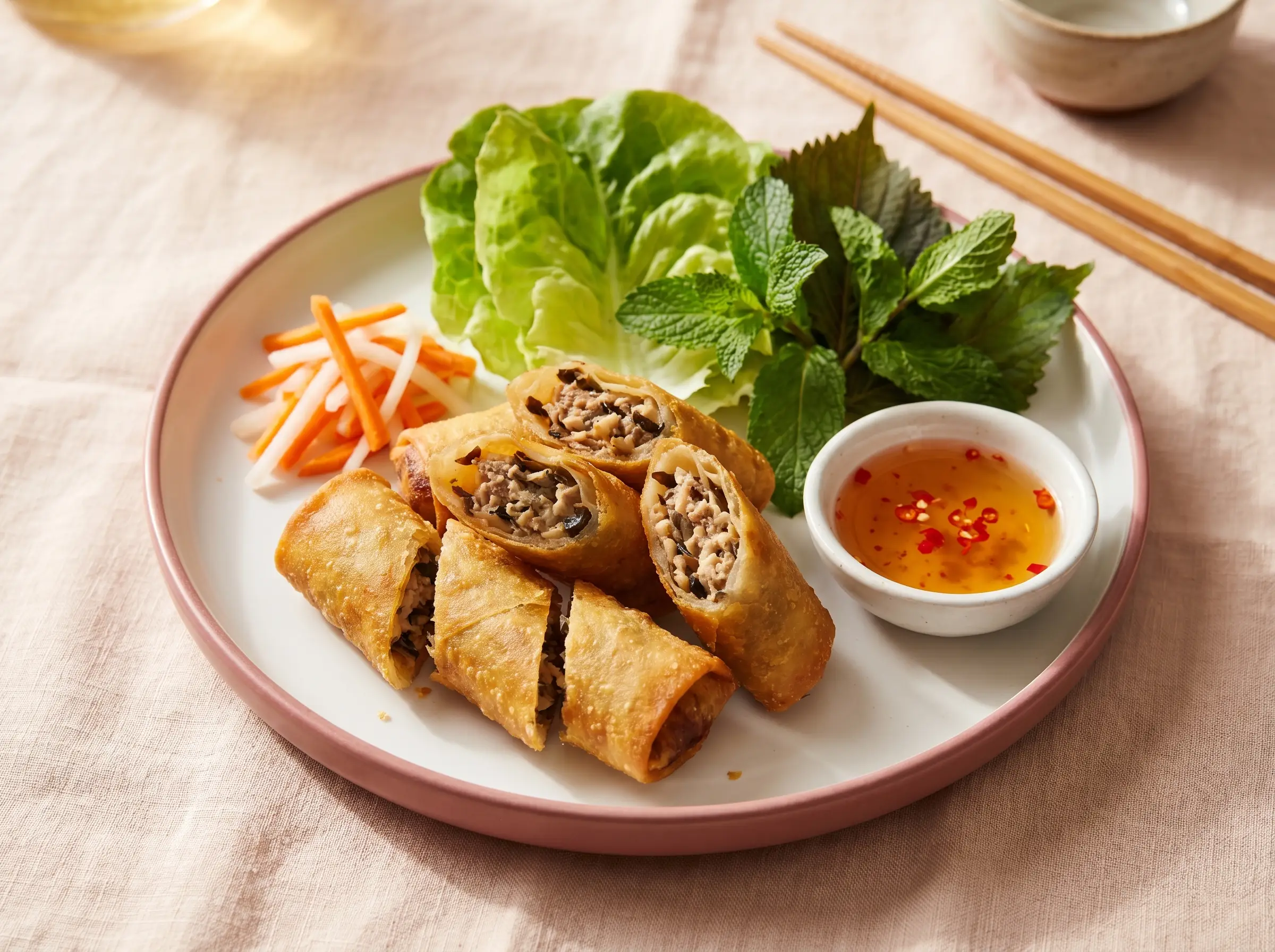 Fried summer rolls cut into pieces with herbs and dipping sauce.