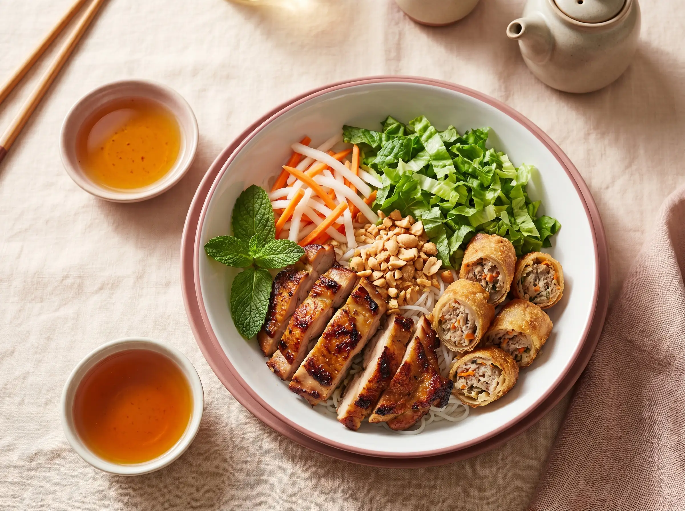Vermicelli bowl with grilled lemongrass chicken thigh and crispy egg rolls.