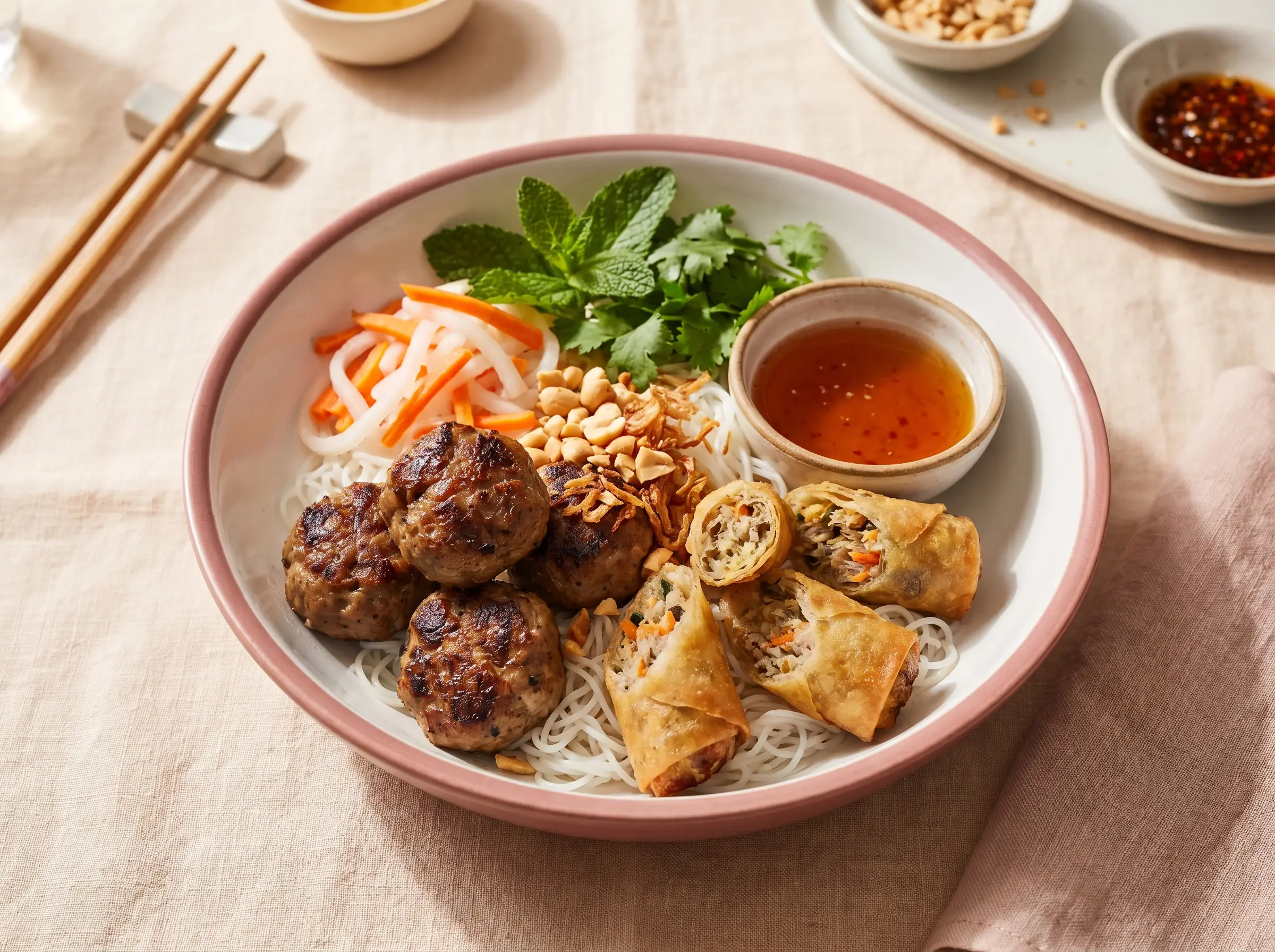 Vermicelli bowl with grilled Vietnamese beef meatballs and crispy egg rolls.
