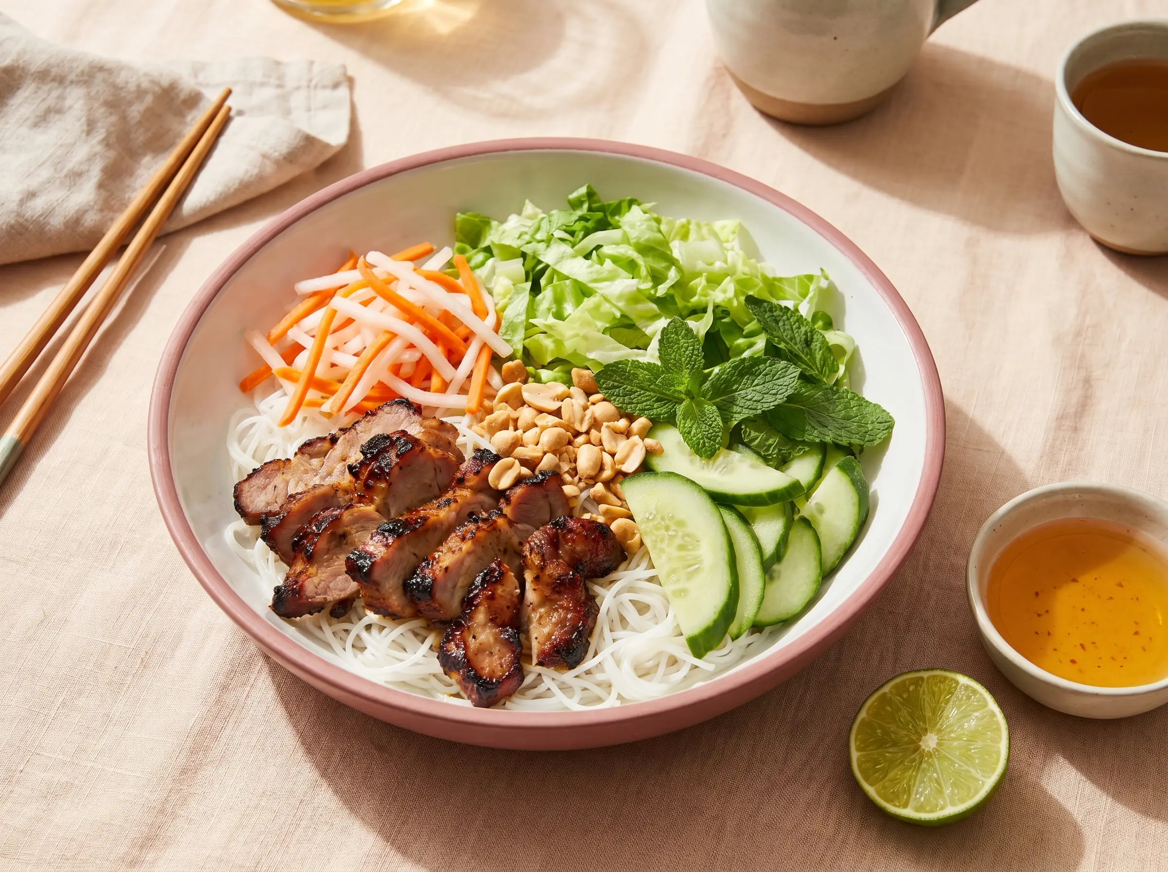 Grill pork and eggroll vermicelli, rice vermicelli with grilled pork and crispy egg rolls