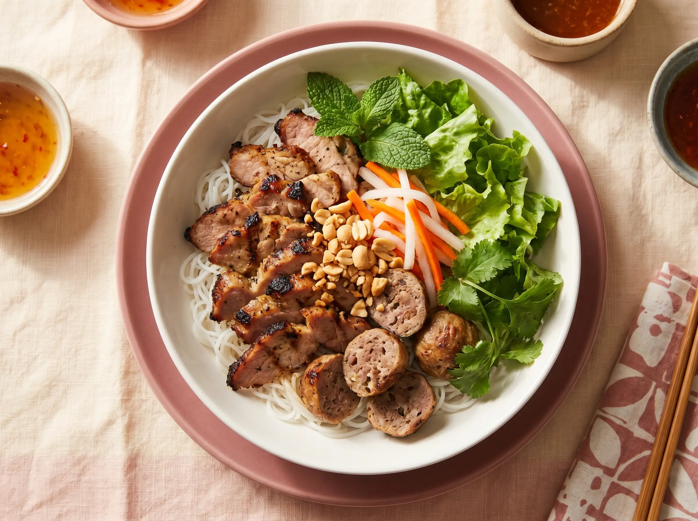Vermicelli bowl with grilled pork and beef meatballs, herbs, pickles.