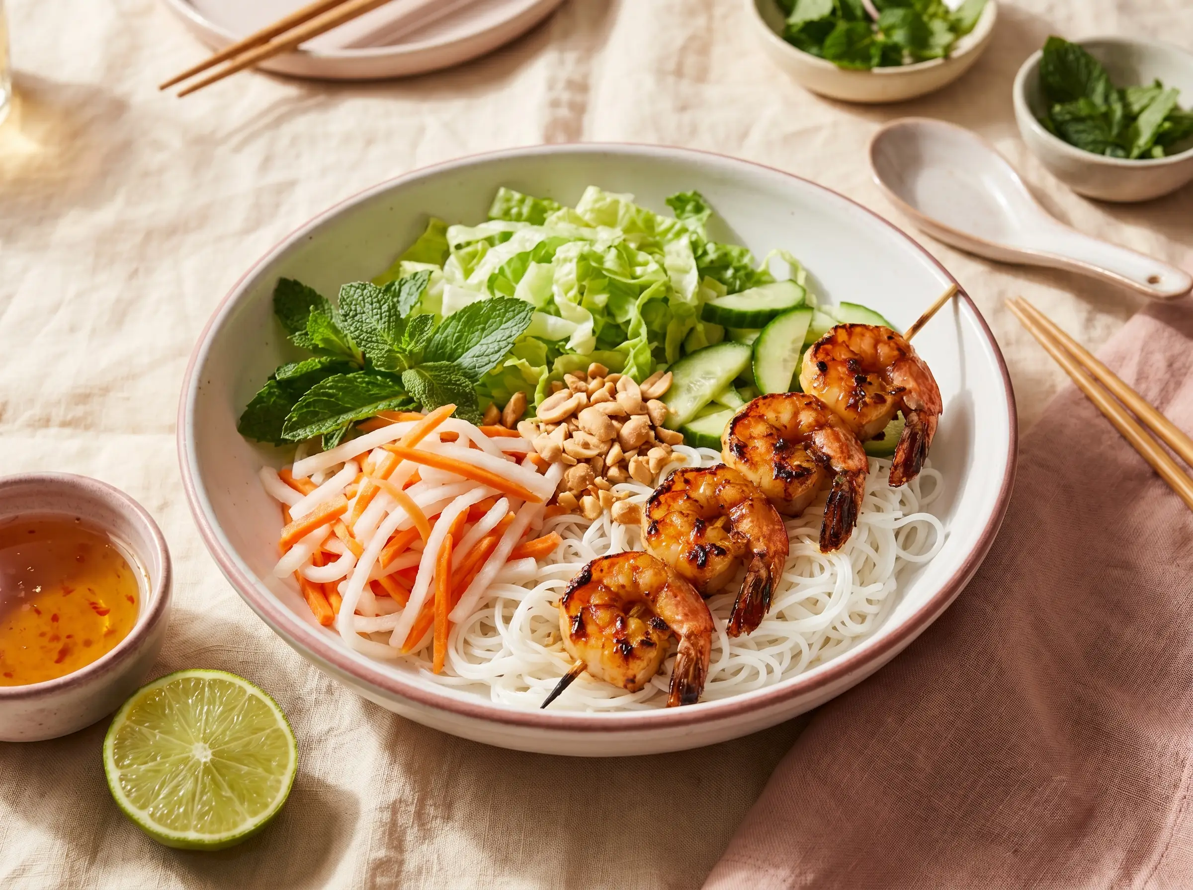 Vermicelli bowl with grilled pork and shrimp skewers, fresh herbs.