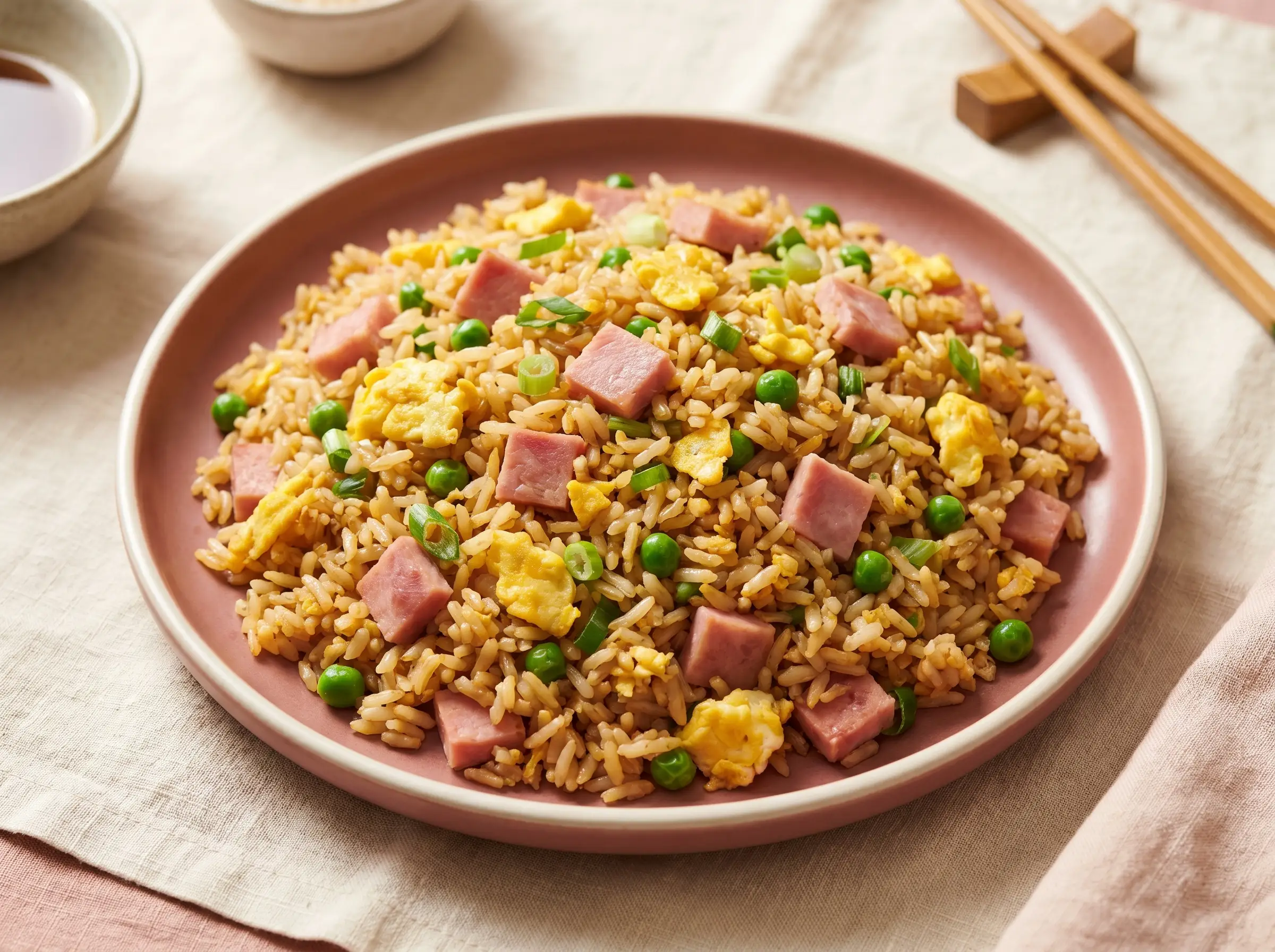 Vietnamese ham fried rice with diced ham, egg, and scallions.