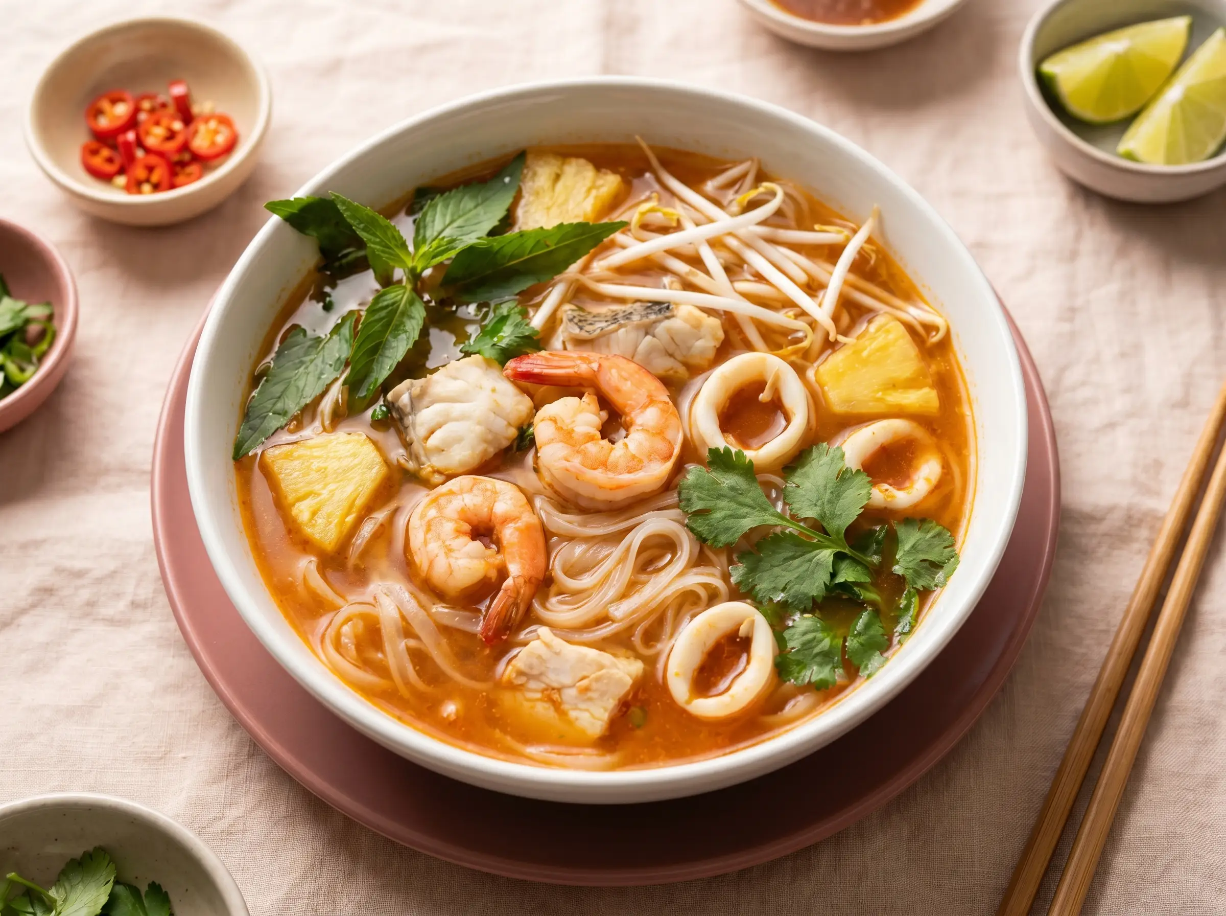 Hot and sour Vietnamese seafood soup with shrimp and squid, tamarind broth.