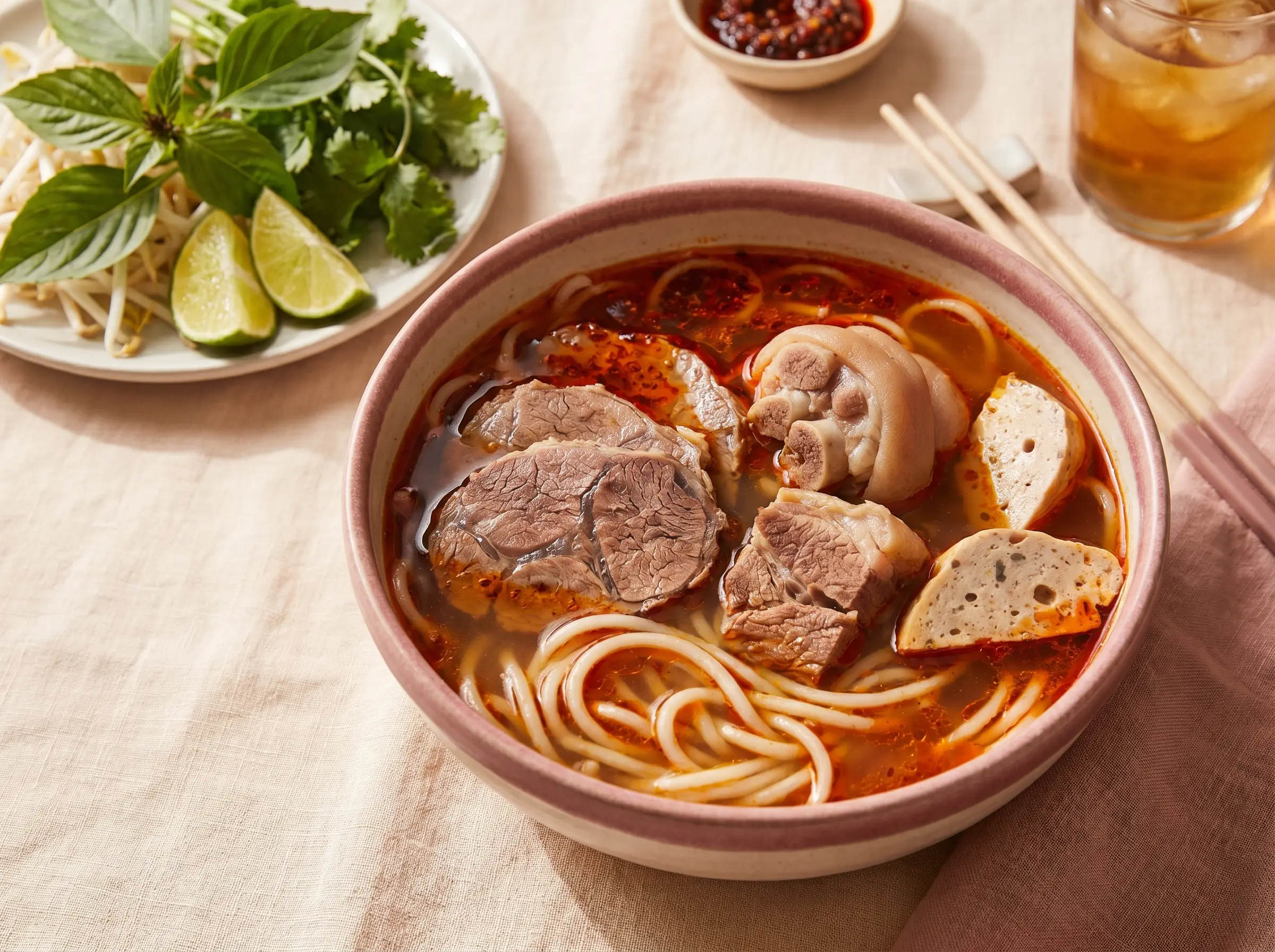 Spicy Vietnamese beef noodle soup with chili oil floating on top, rice vermicelli, herbs.