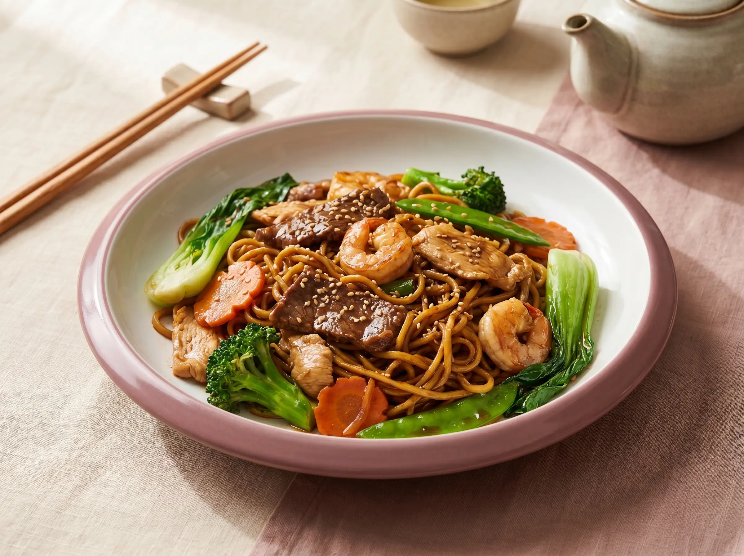 House special stir-fried noodles with beef, chicken, and assorted vegetables.