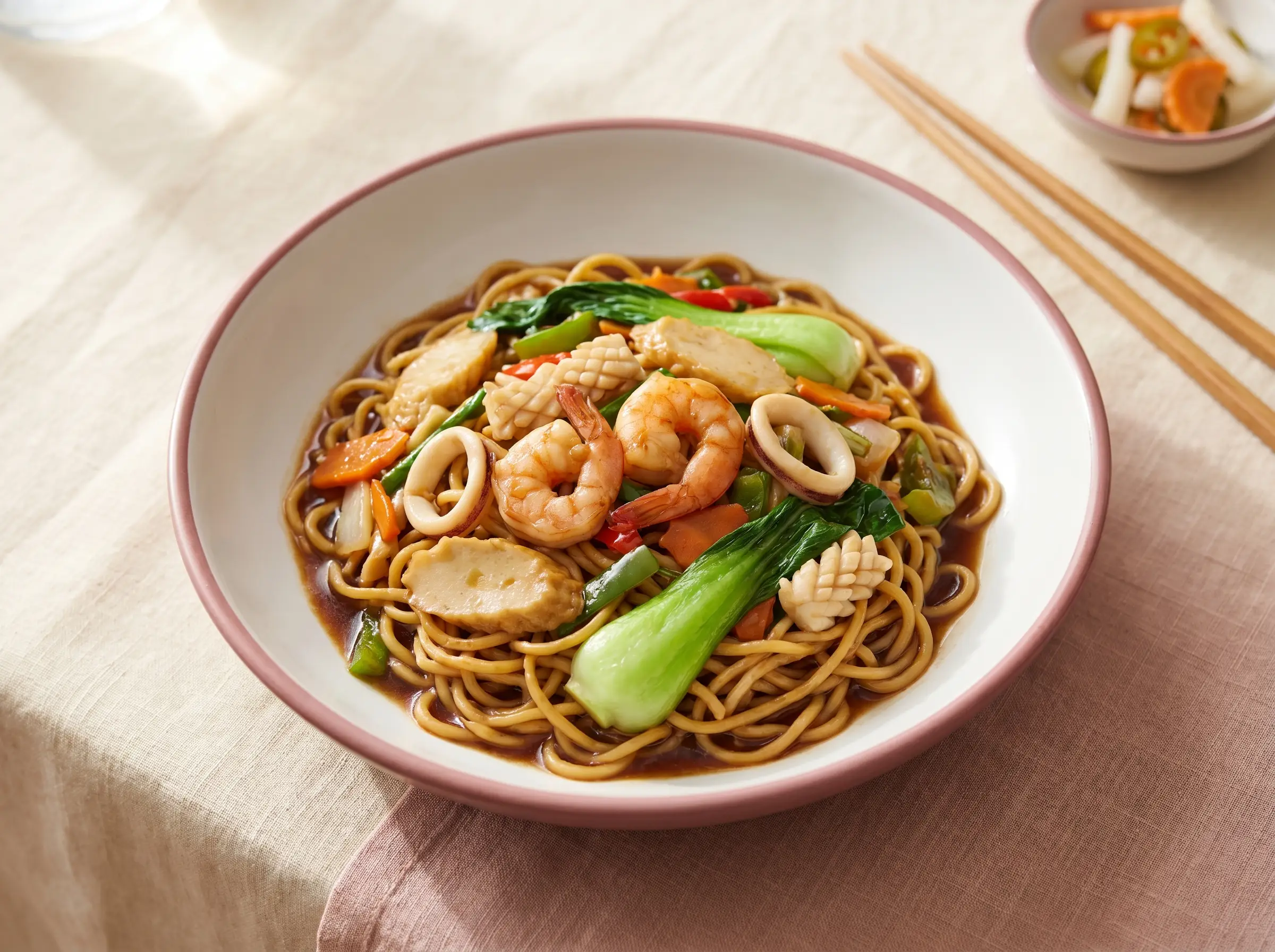 House special stir-fried noodles with shrimp and seafood.