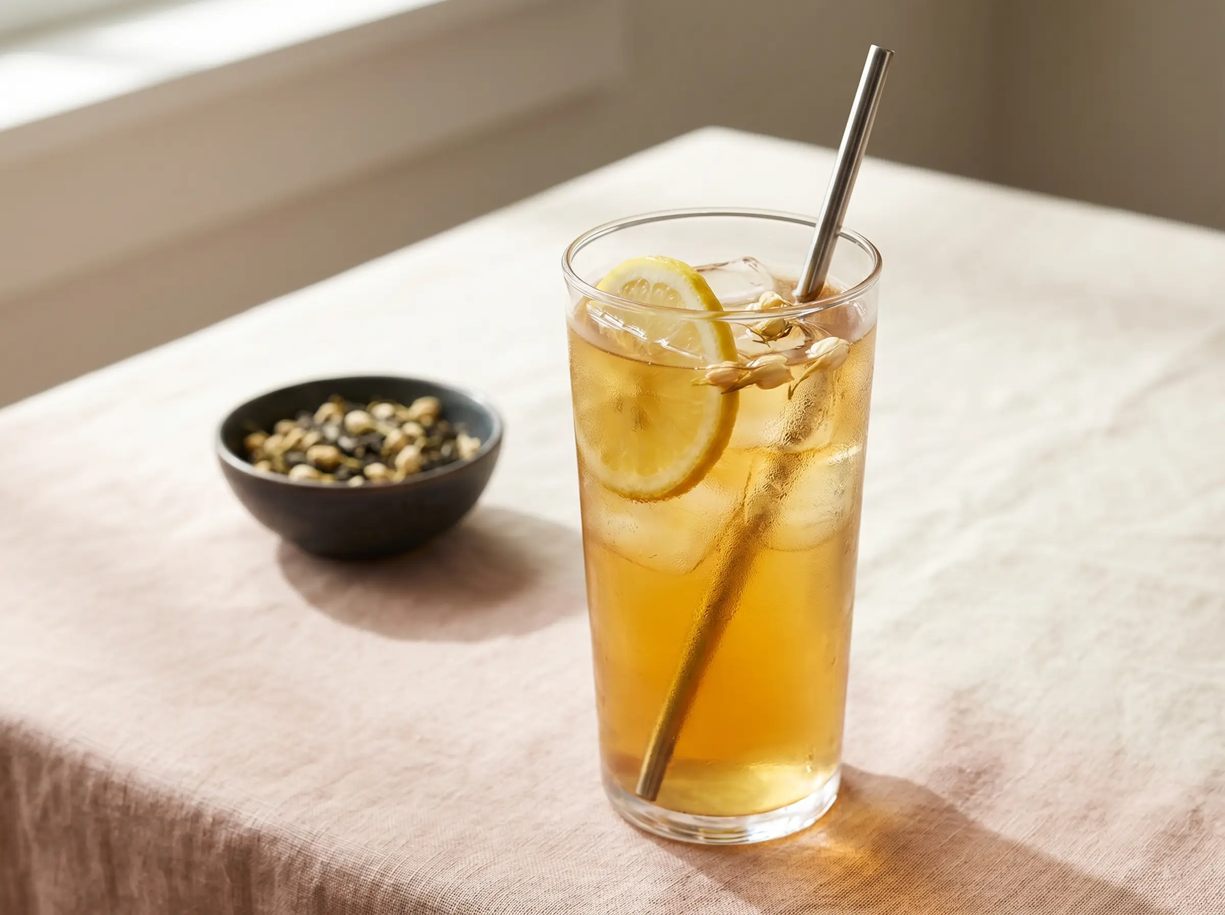 Vietnamese iced jasmine tea in a tall glass with a lemon wheel.