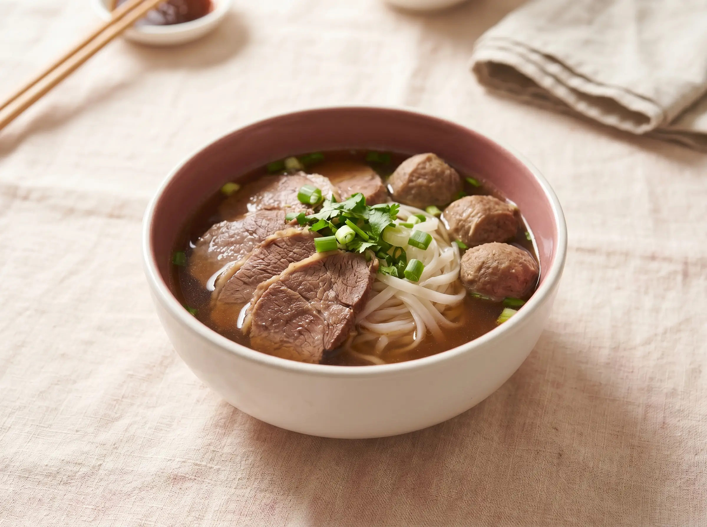 Smaller kid-sized bowl of pho with brisket and meatballs.