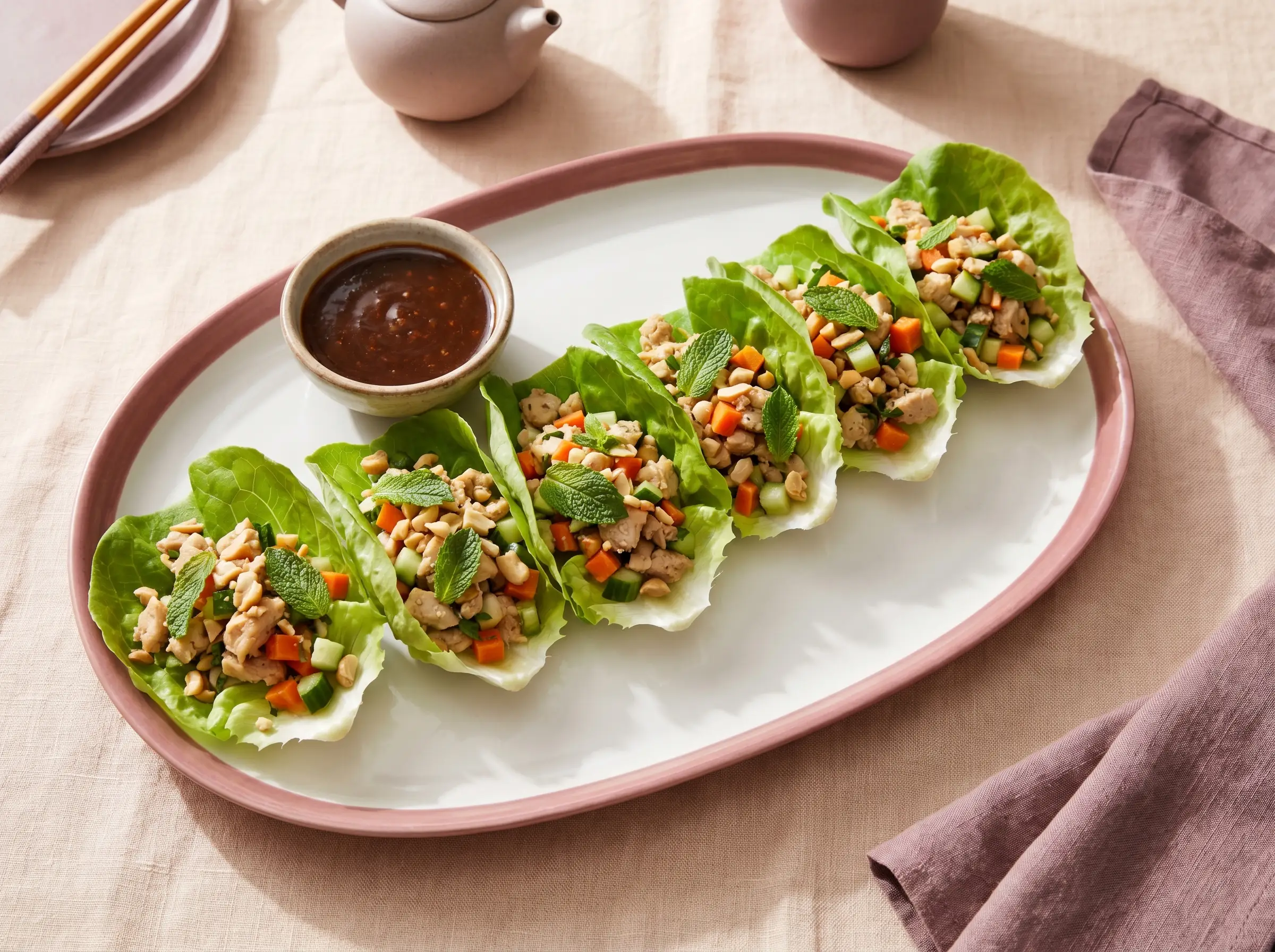 Lettuce wraps with chopped lemongrass chicken or tofu and fresh herbs on a wooden board.