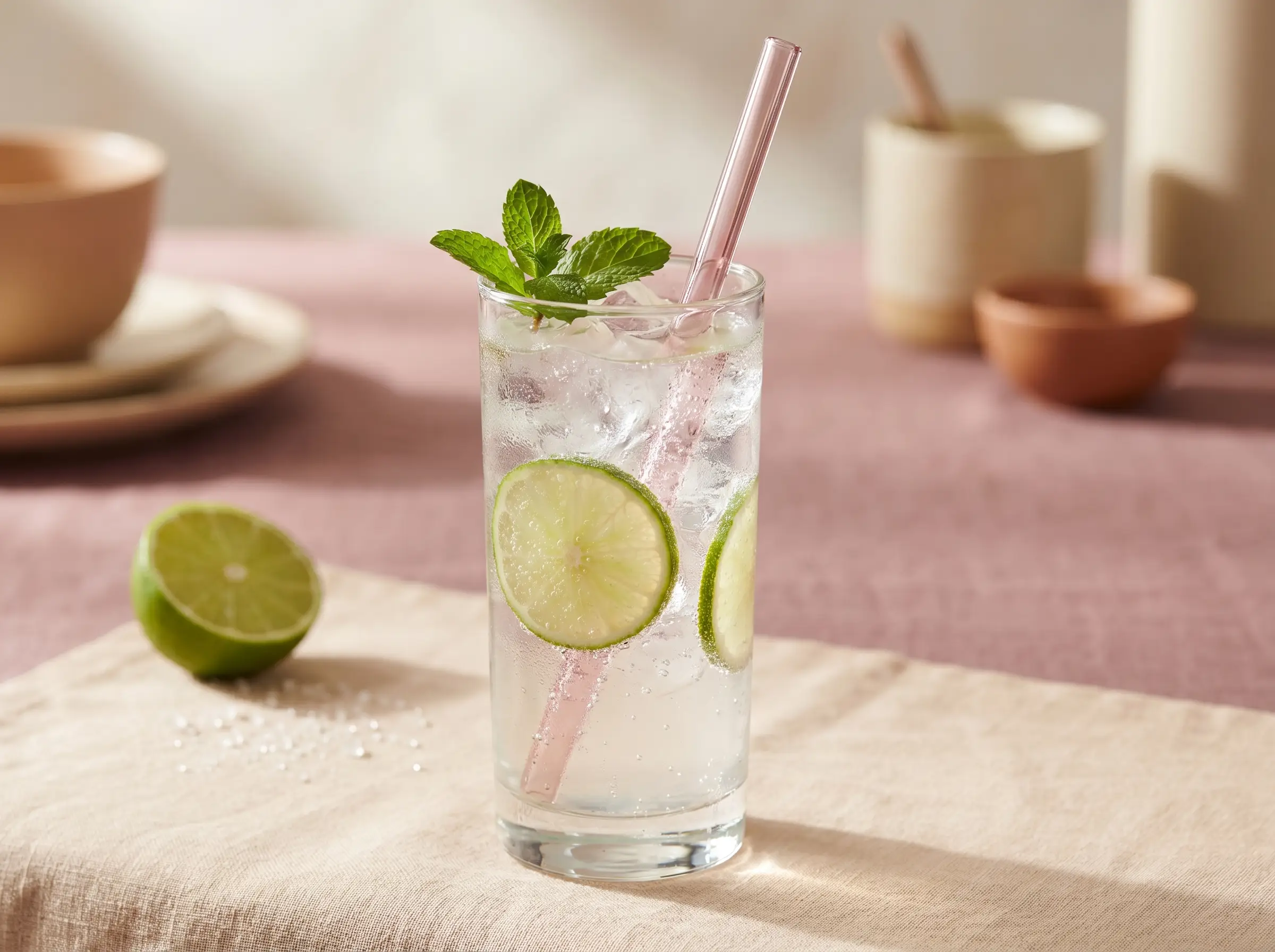Fresh limeade with soda water, ice, lime wheels, and mint.