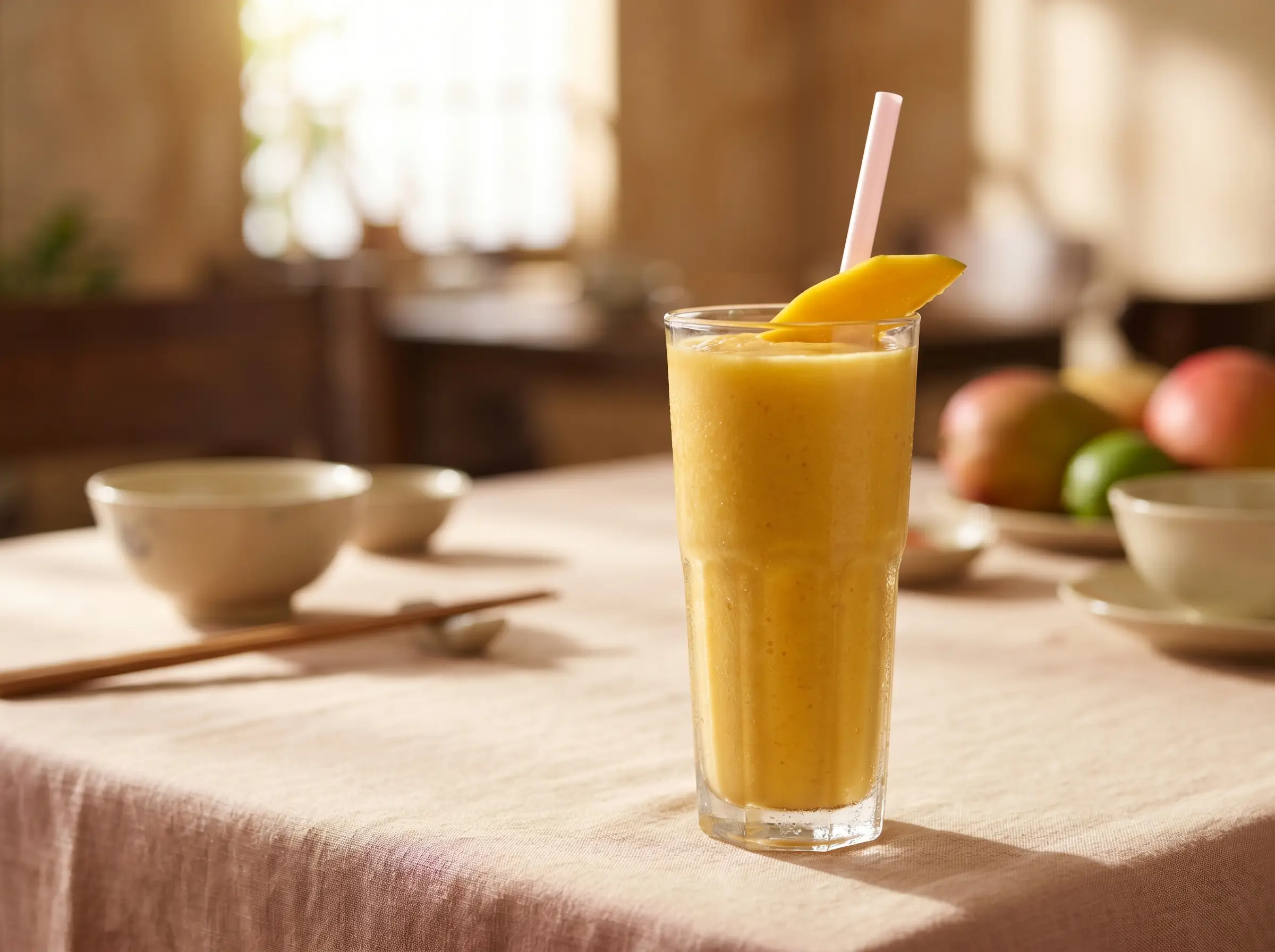 Vietnamese mango smoothie in a tall glass with a slice of mango on the rim.
