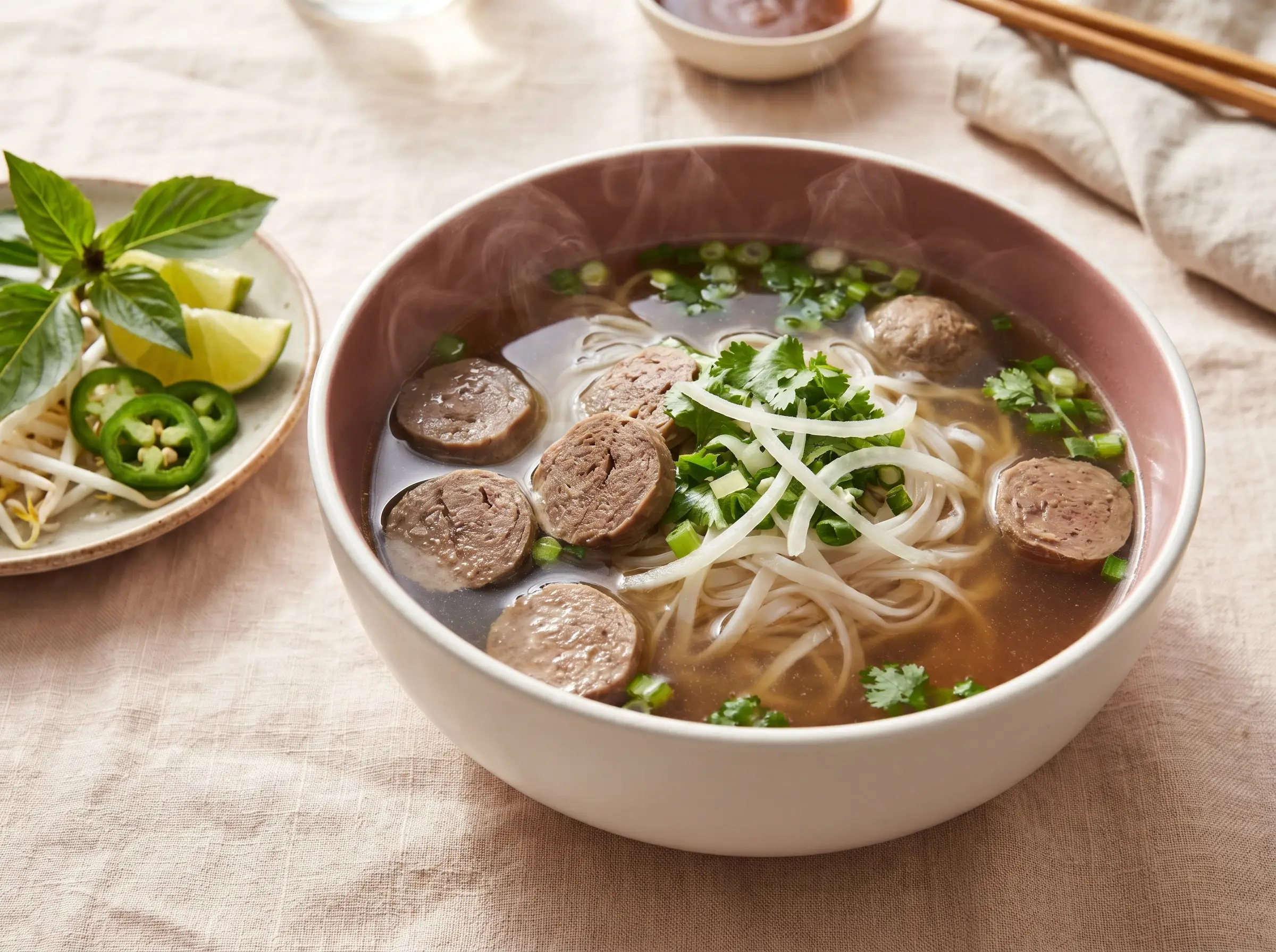 Pho with springy beef meatballs in amber broth.