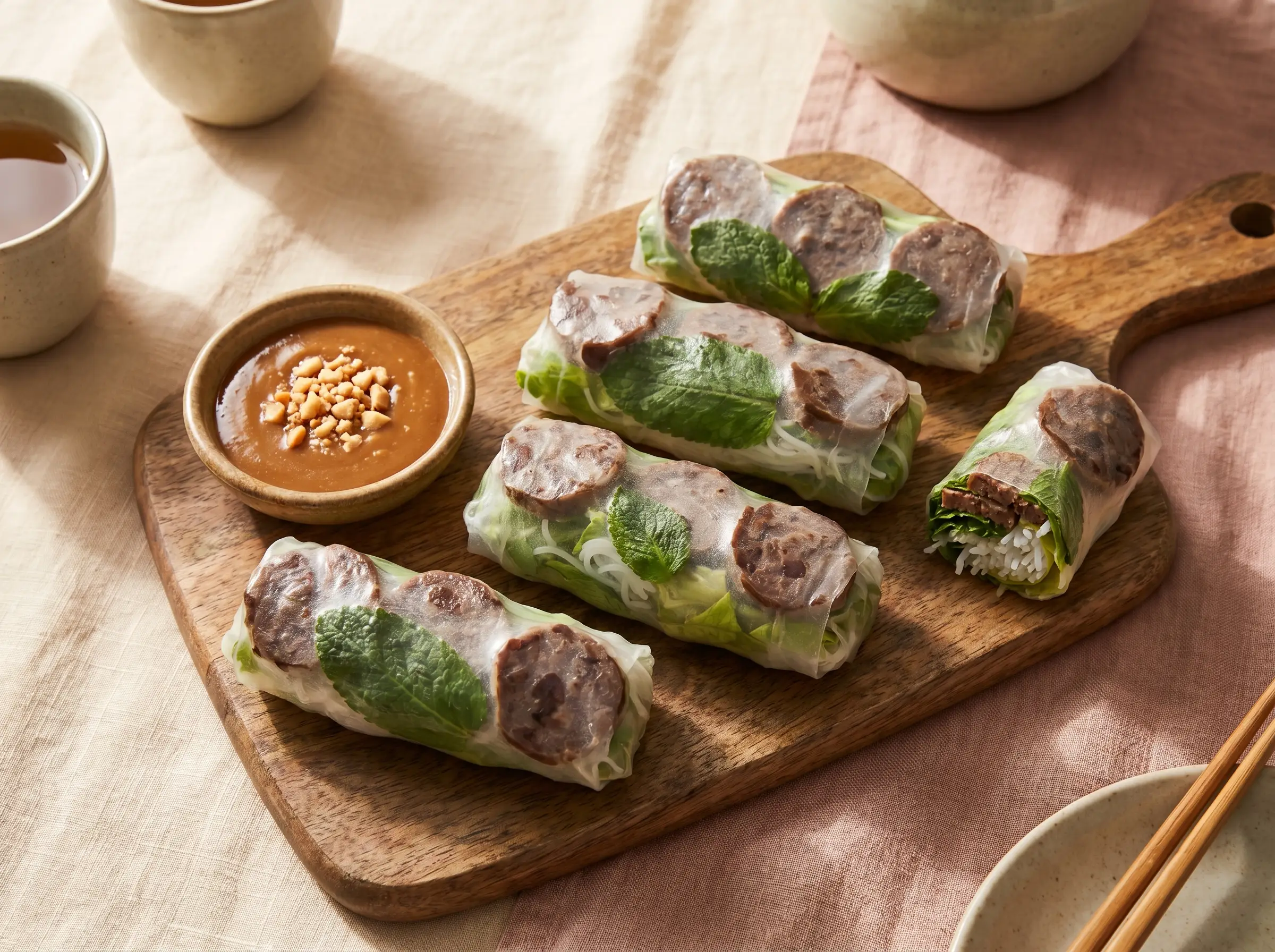 Spring rolls filled with grilled Vietnamese meatballs and fresh herbs.