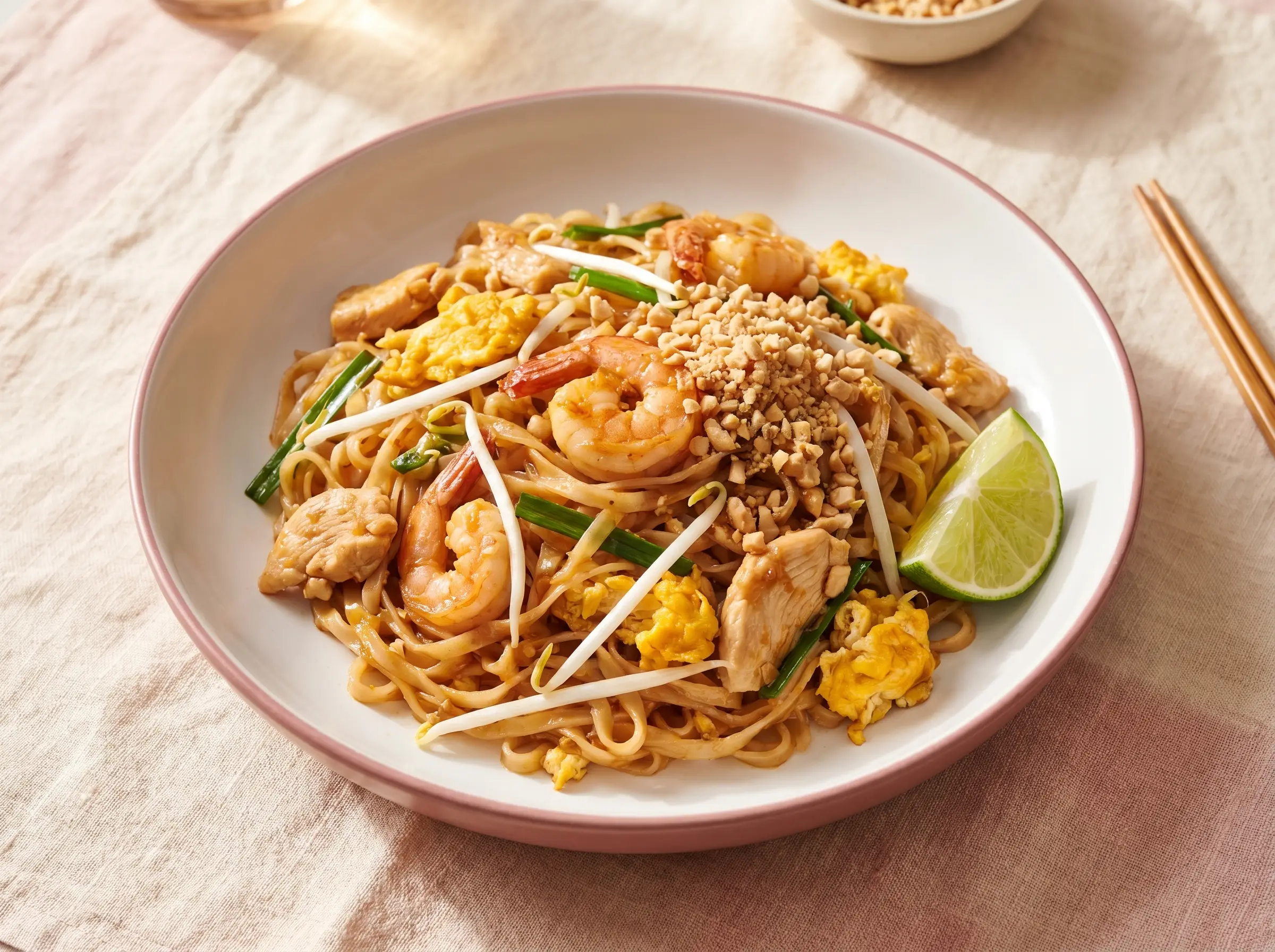 Pad Thai noodles with shrimp, crushed peanuts, and lime wedge.