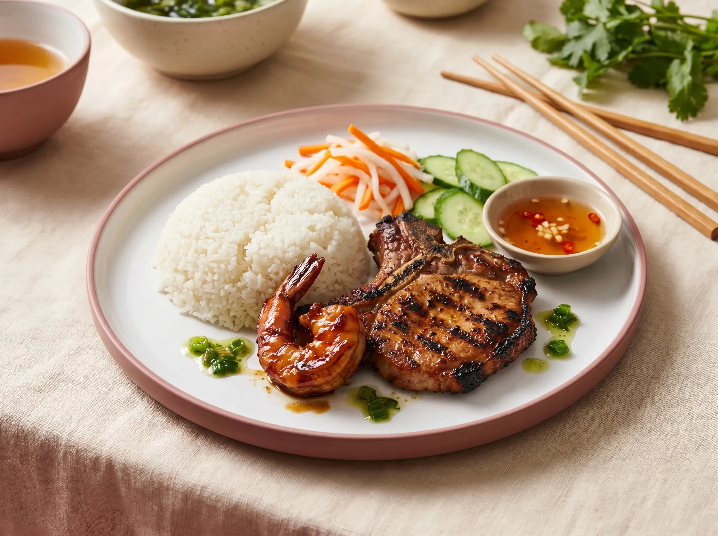Rice plate with grilled pork chop and caramel-glazed shrimp.