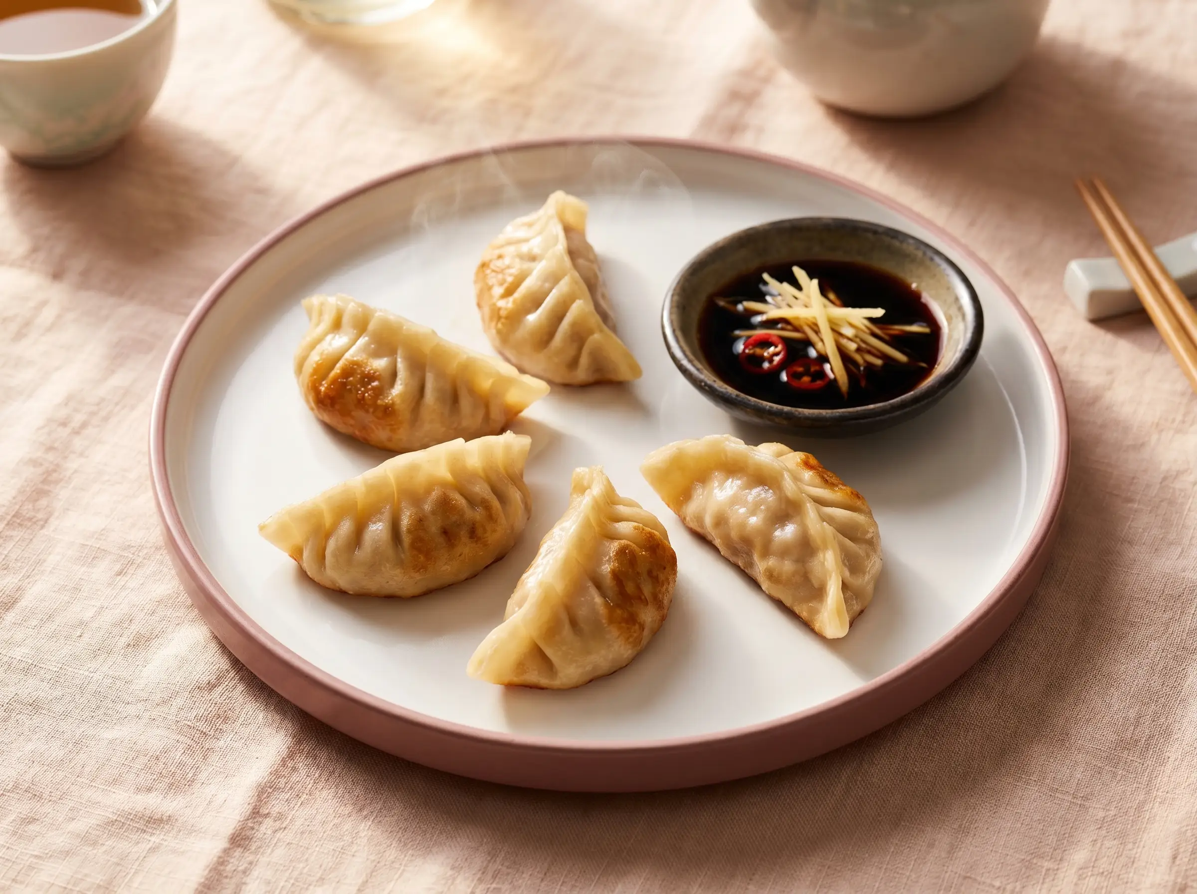Steamed pork pot stickers on a white plate with soy dipping sauce.